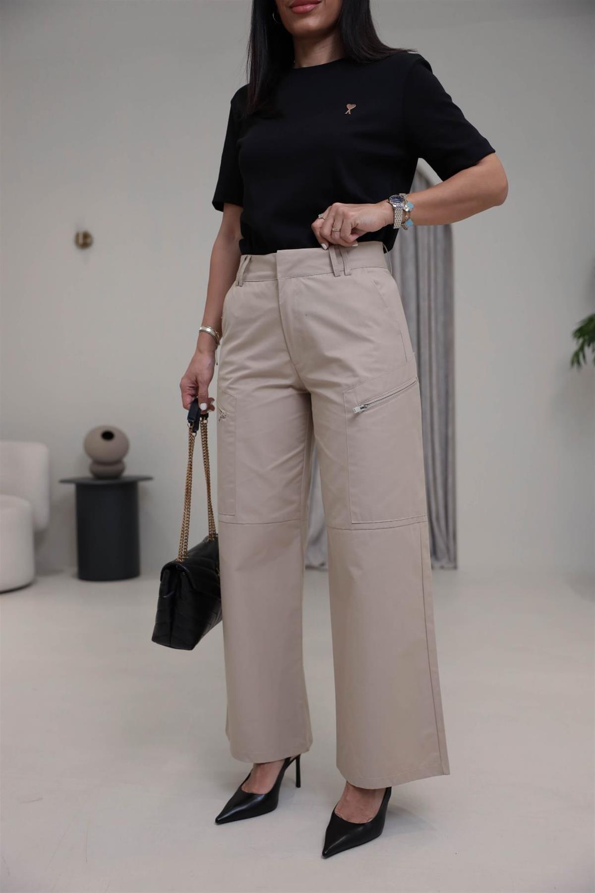 Geniş Paça Fermuar Cepli Kargo Pantolon BEJ