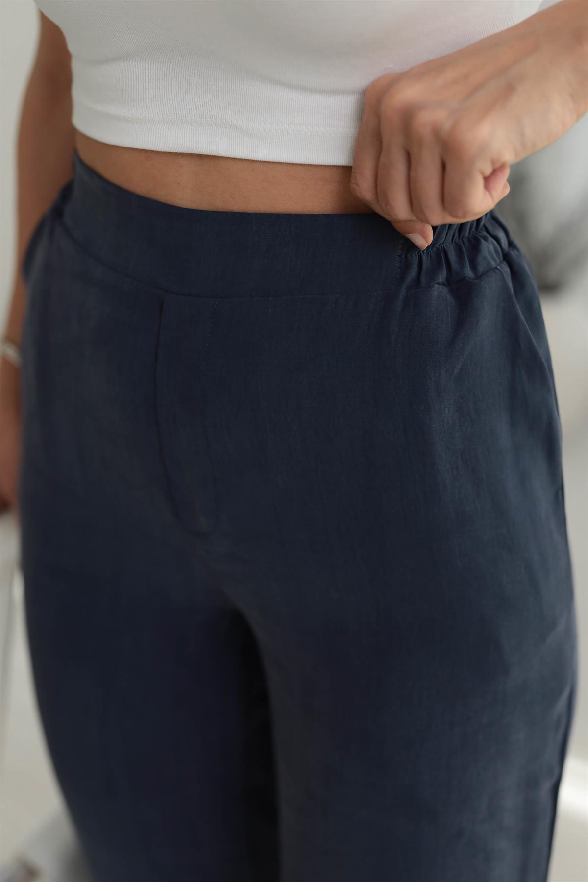 7054 Arkası Bel Lastikli Tencel Pantolon LACİVERT