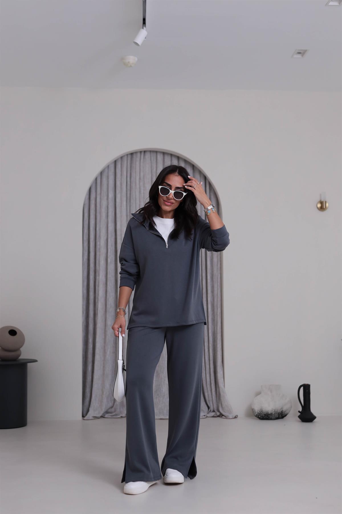 Yanları Yırtmaç Detaylı Yarım Fermuarlı Modal Takım ANTRASİT