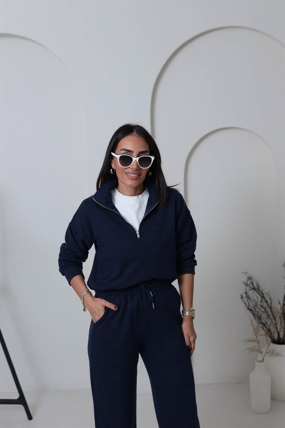 5750 Dik Yaka Yarım Fermuarlı Yumoş Dokulu Takım LACİVERT