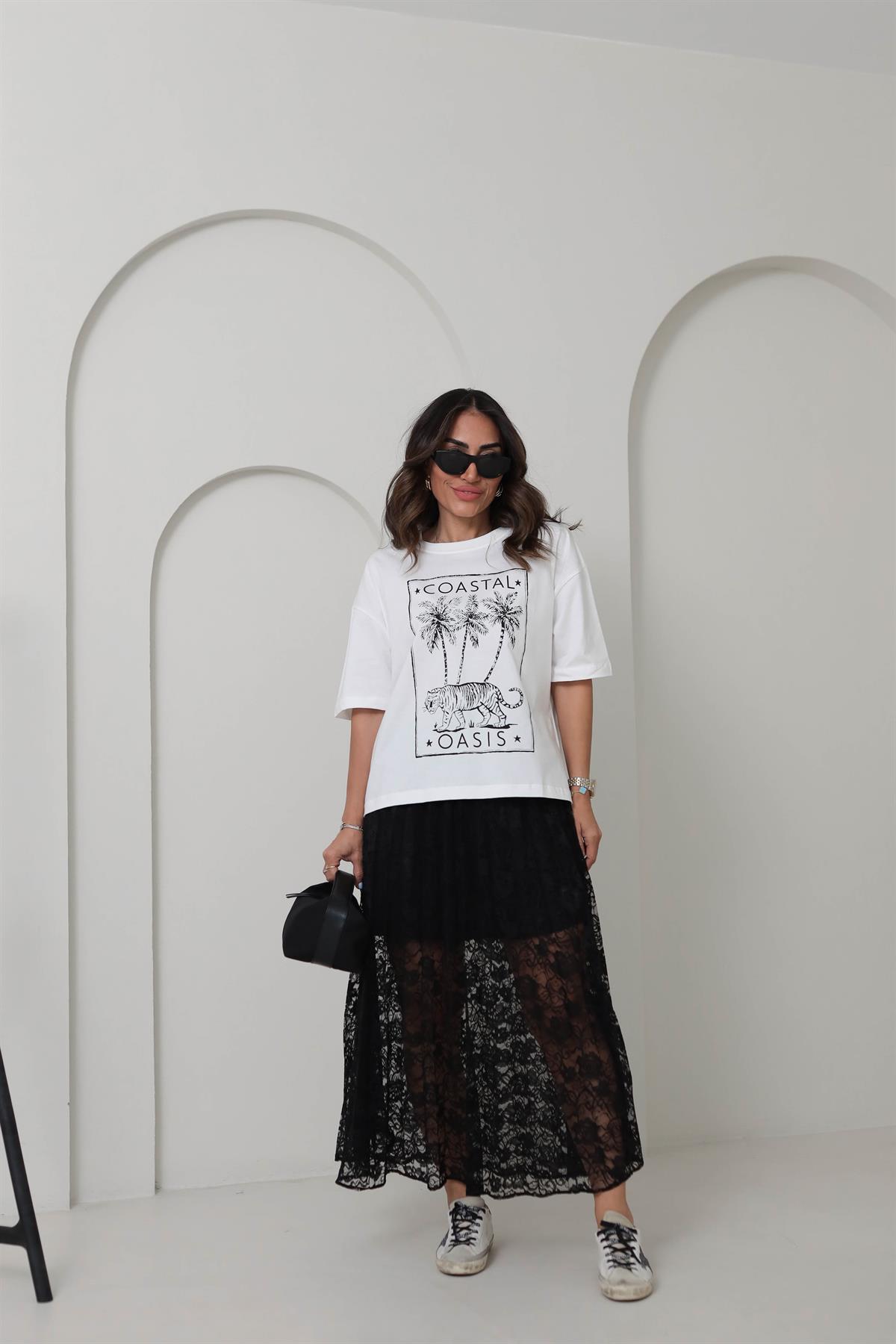 T509 Baskılı Pamuklu Oversize Tshirt SİYAH