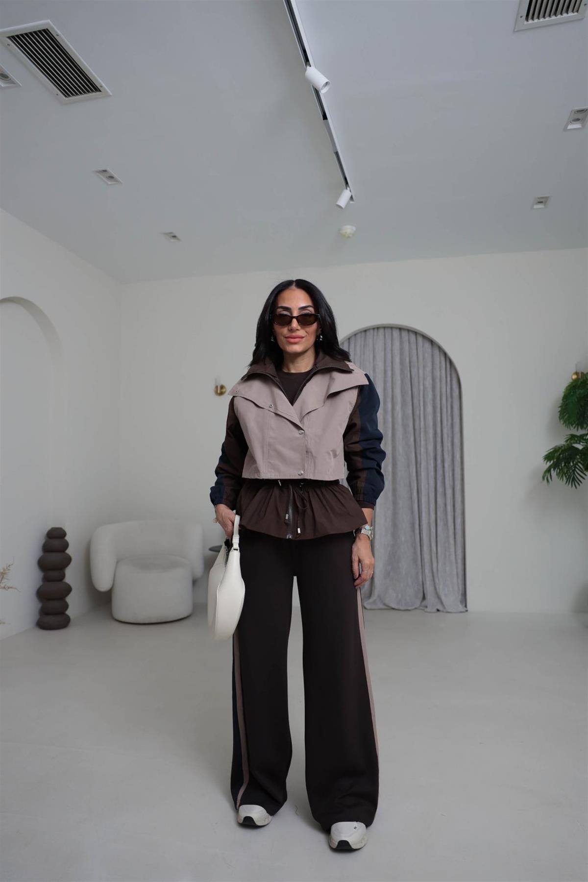 7063 Dik Yaka Çıtçıtlı Paraşüt Kumaş Eşofman Takımı KAHVE