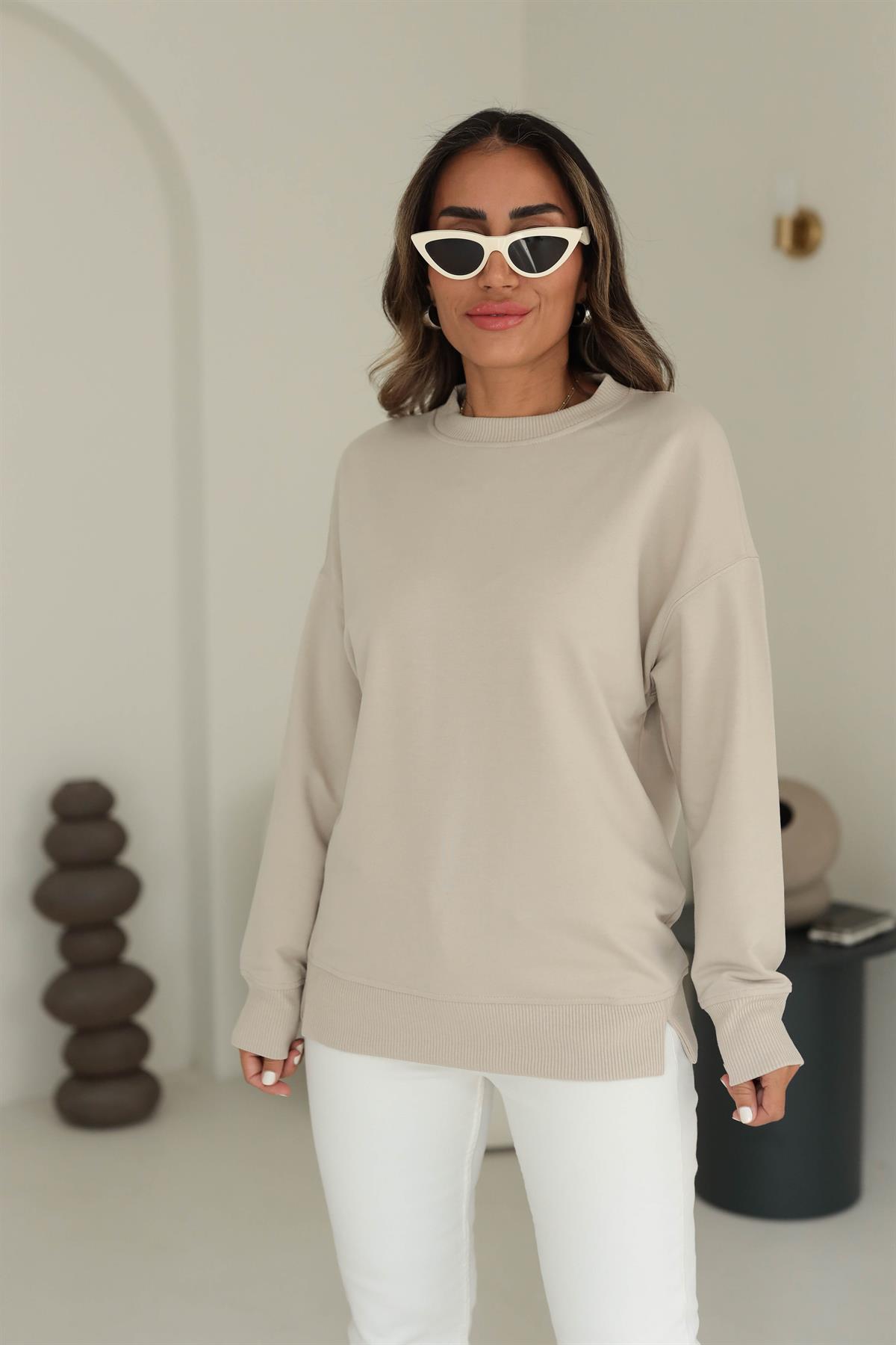 9002 Düz Basic Sweatshirt BEJ