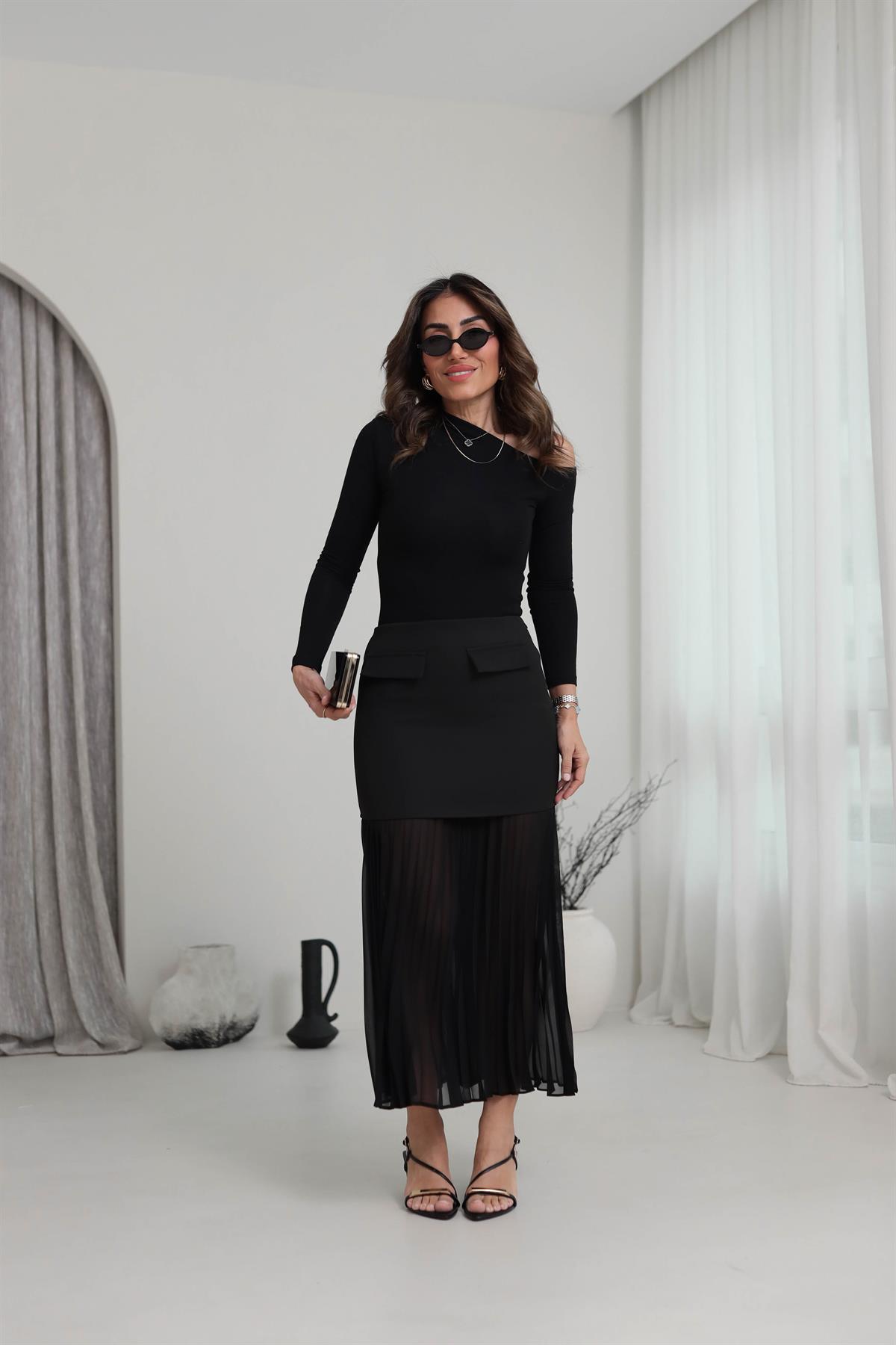 7034 Altı Şifon piliseli Etek SİYAH