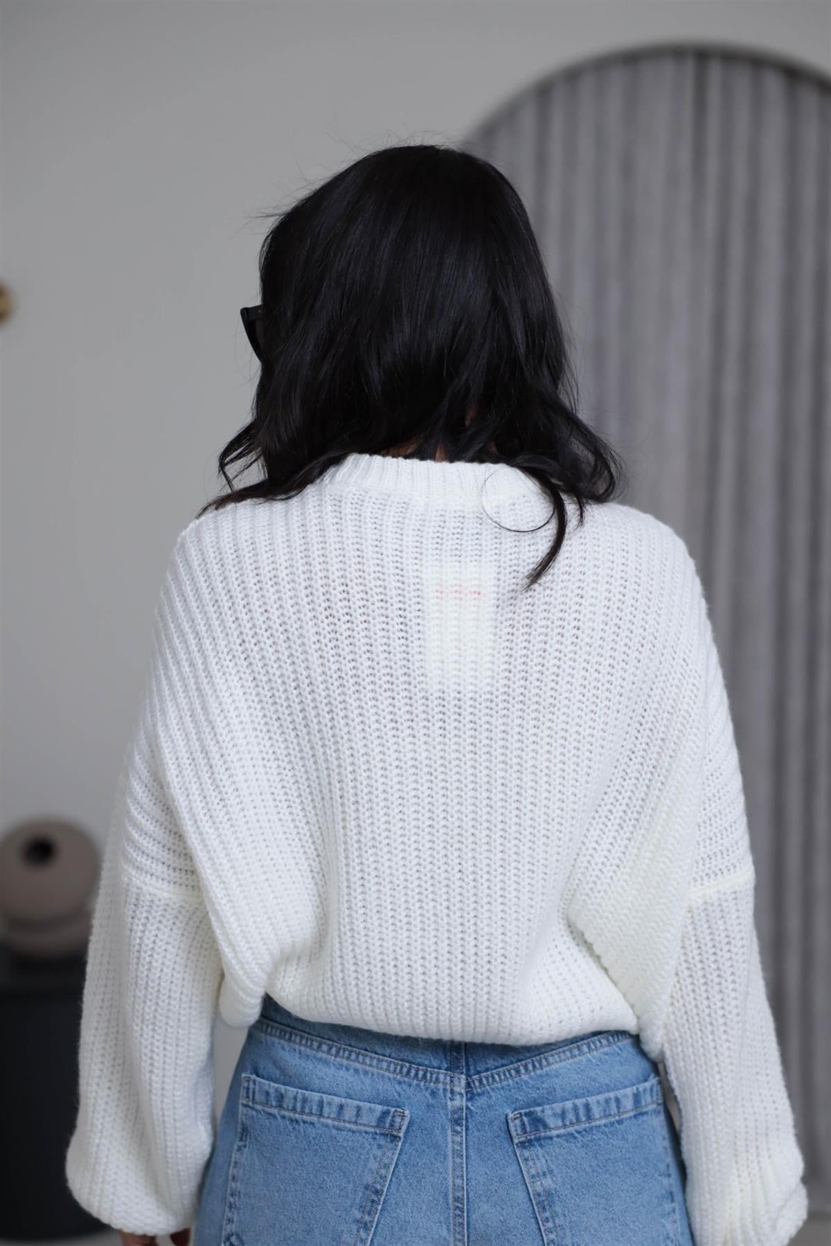 3579 Bisiklet Yaka Örme Oversize Kısa Kazak EKRU