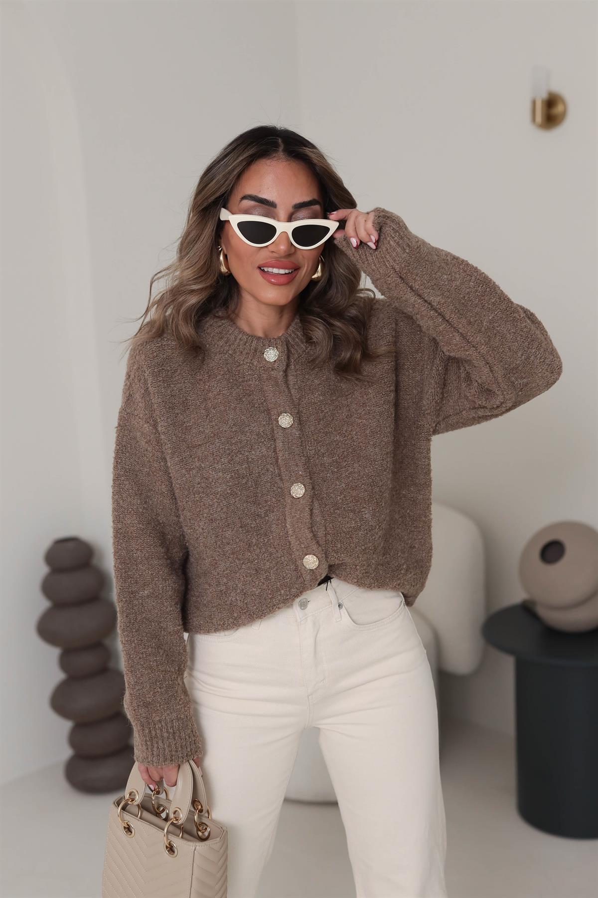 60276 V Yaka Düğmeli Buklet Triko Hırka VİZON