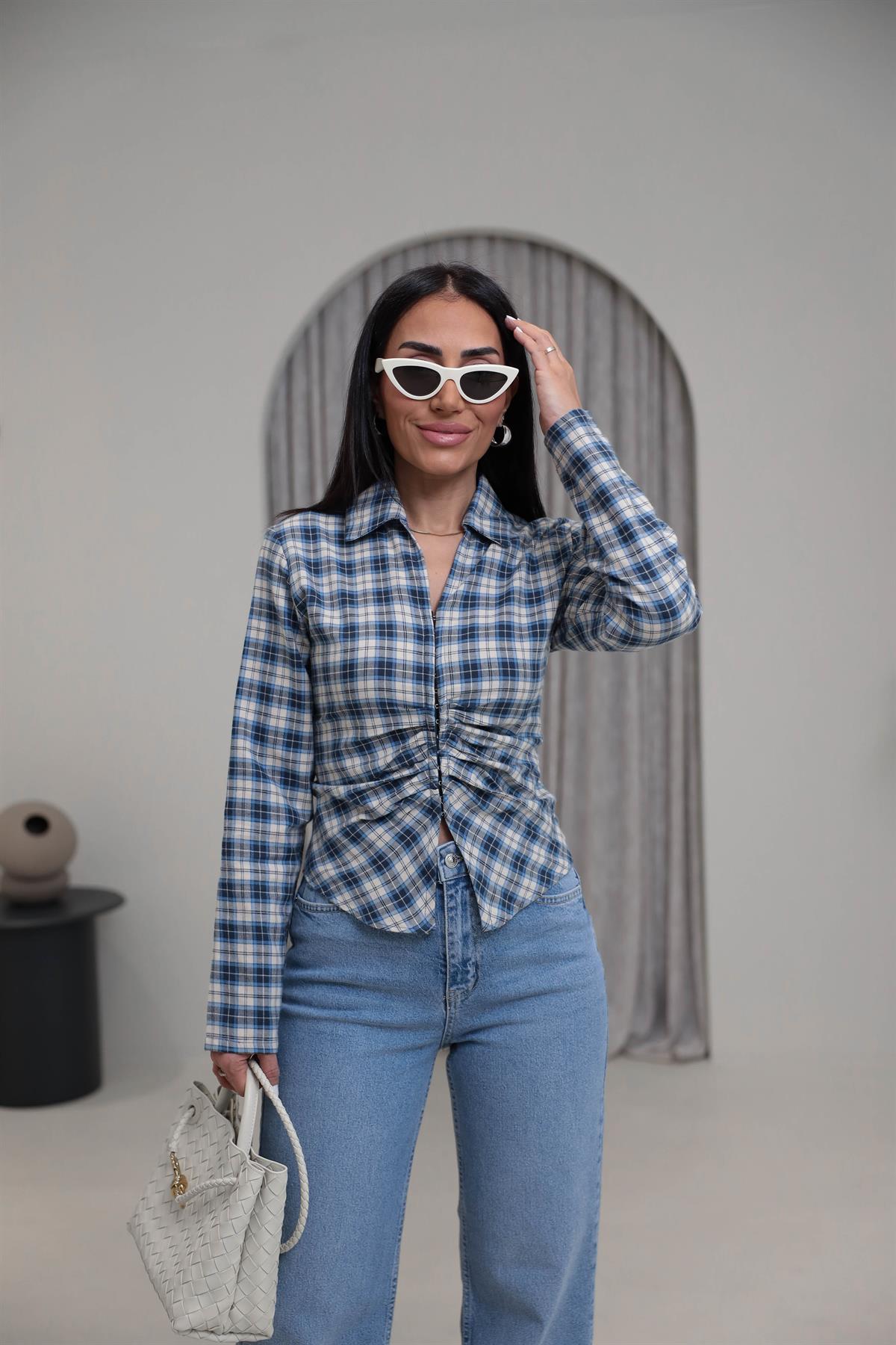 0817 Agraflı Ekose Gömlek MAVİ