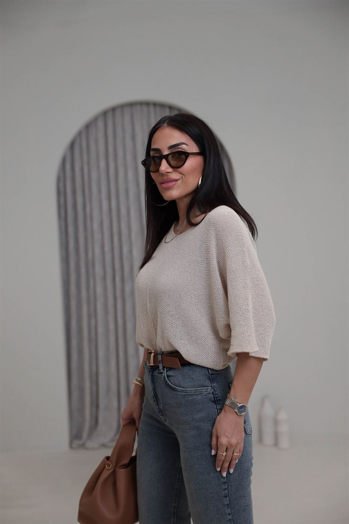 0174 Ajurlu Yarasa Kol Bluz BEJ