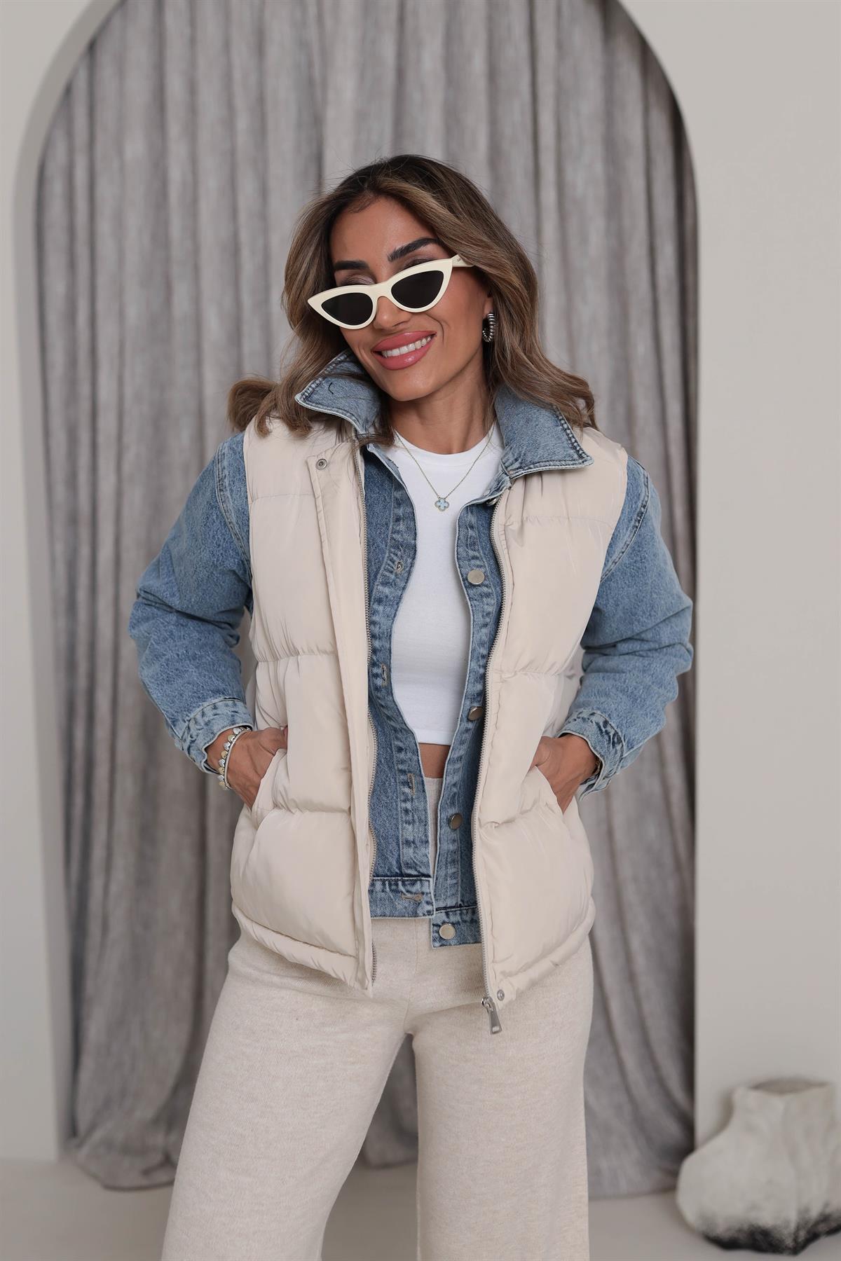 9423 Şişme Yelek Tasarımlı Kot Detaylı Mont TAŞ