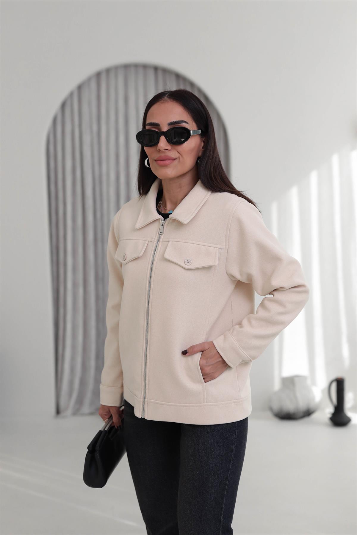 2806 Gömlek Yaka Detay Kaşe Ceket KREM