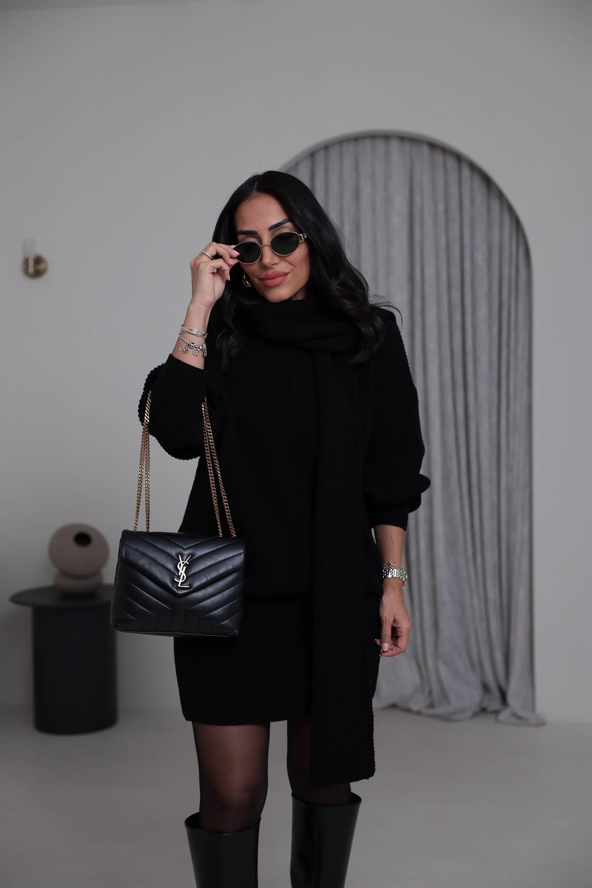 2581 Bisiklet Yaka Şal Detaylı Örgü Etek Takım SİYAH