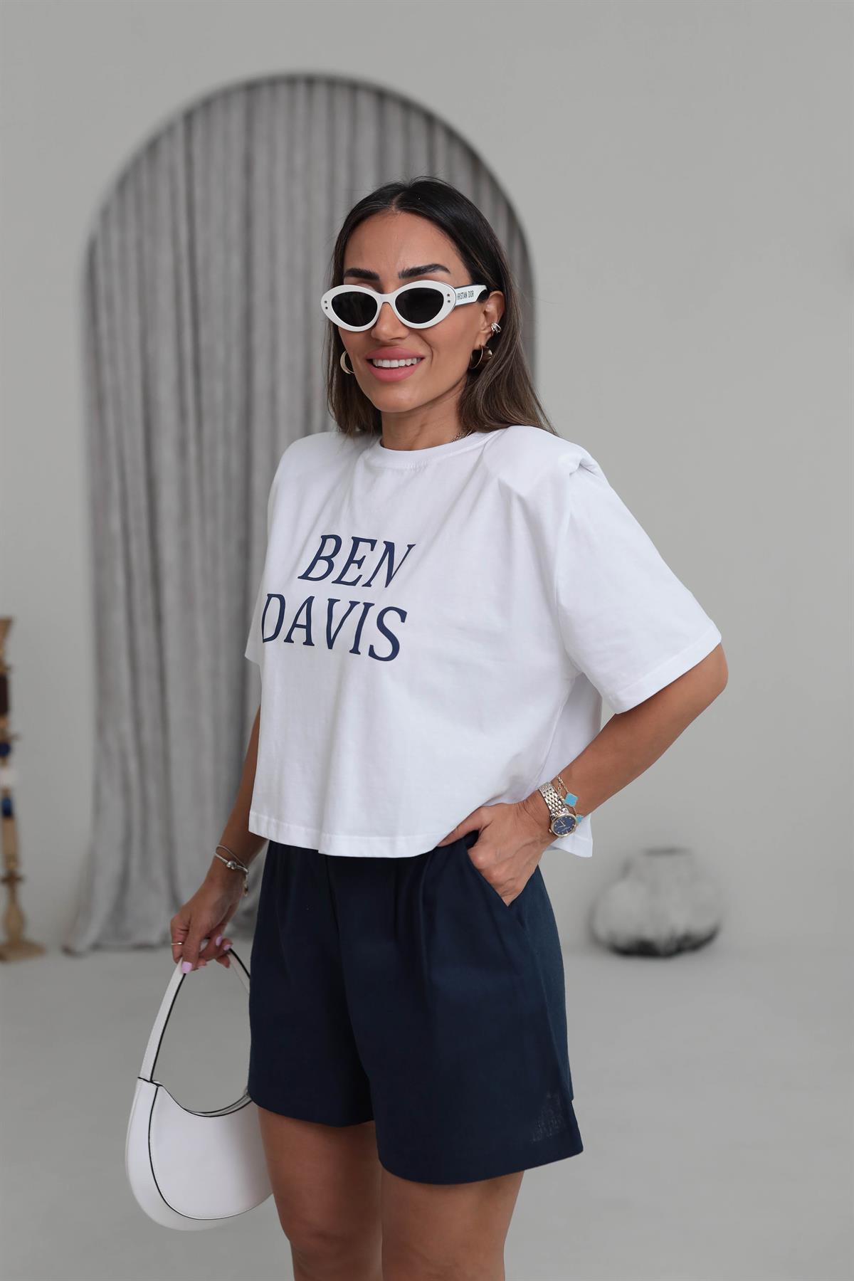 0013 Ben Davis Baskılı Vatkalı Pamuklu Tshirt BEYAZ