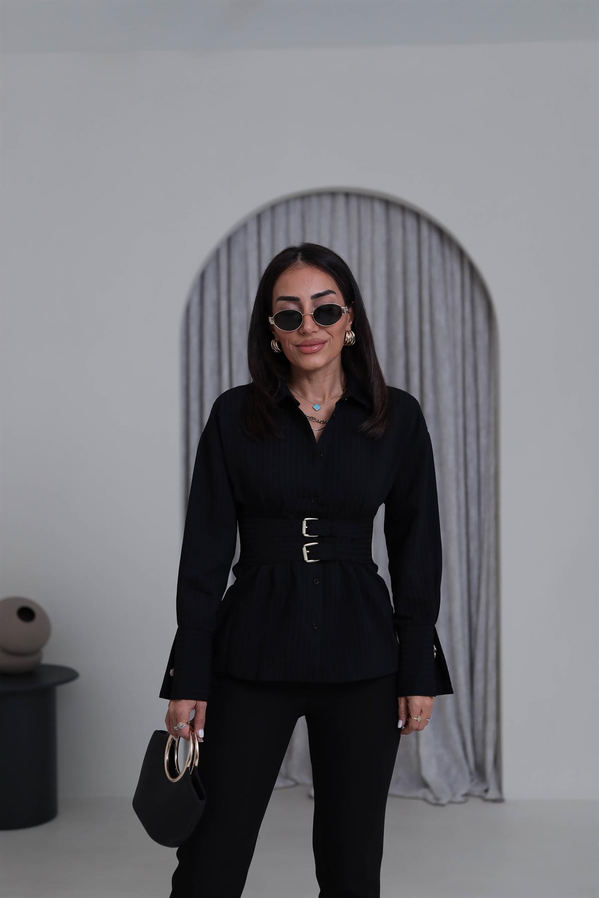 0867 Kol Manşetli Kemer Detaylı Gömlek SİYAH