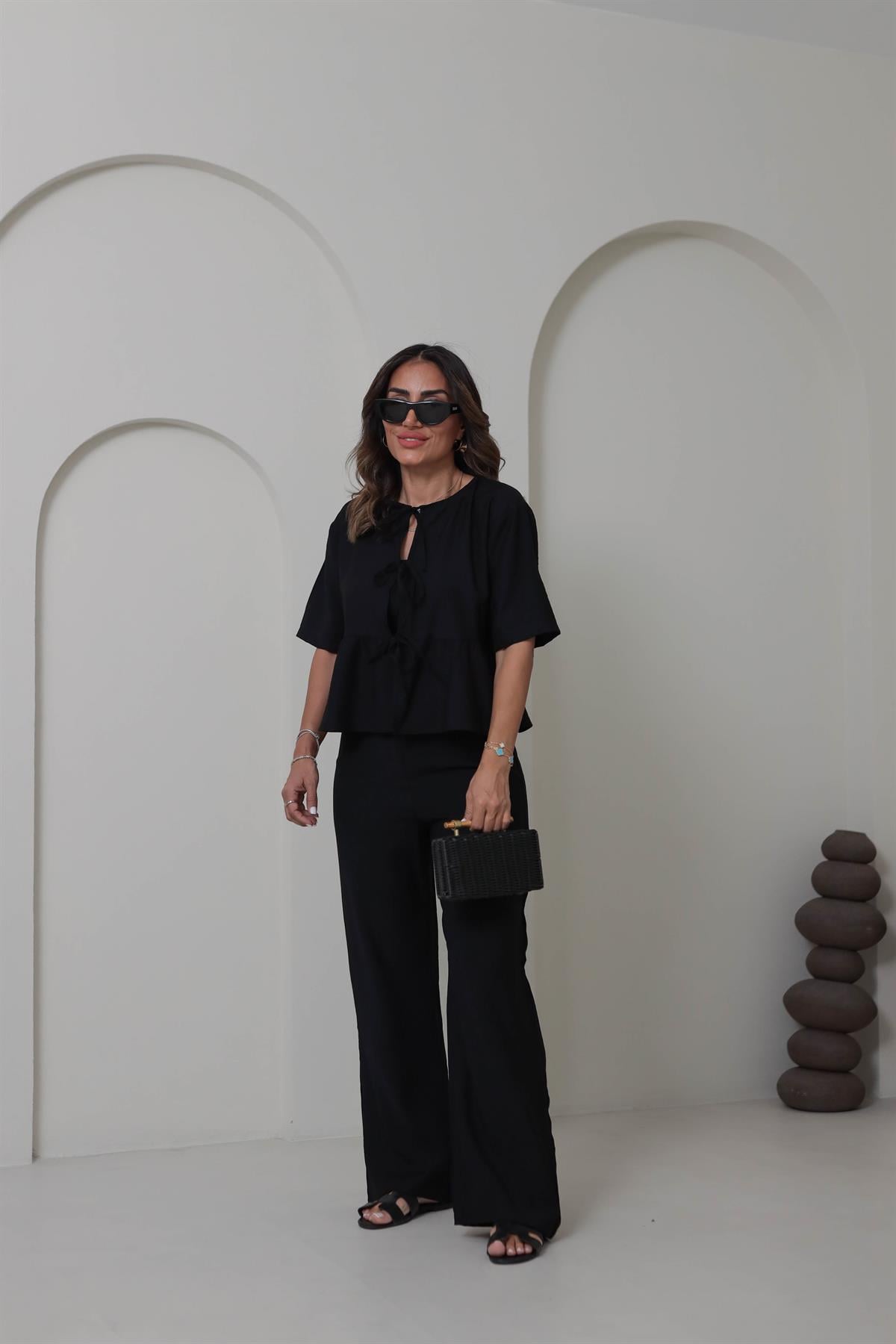 9265 Bağlama Detaylı Çilek Kumaş Takım SİYAH