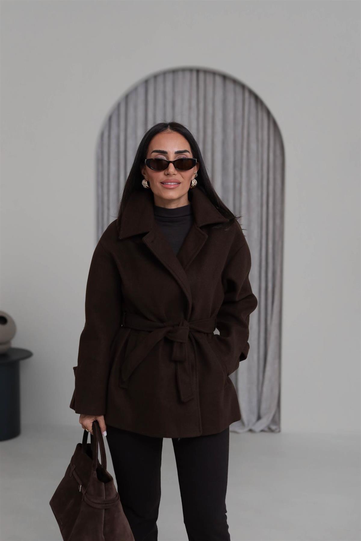 0646 Kuşaklı Yakalı Kaşe Kaban KAHVE