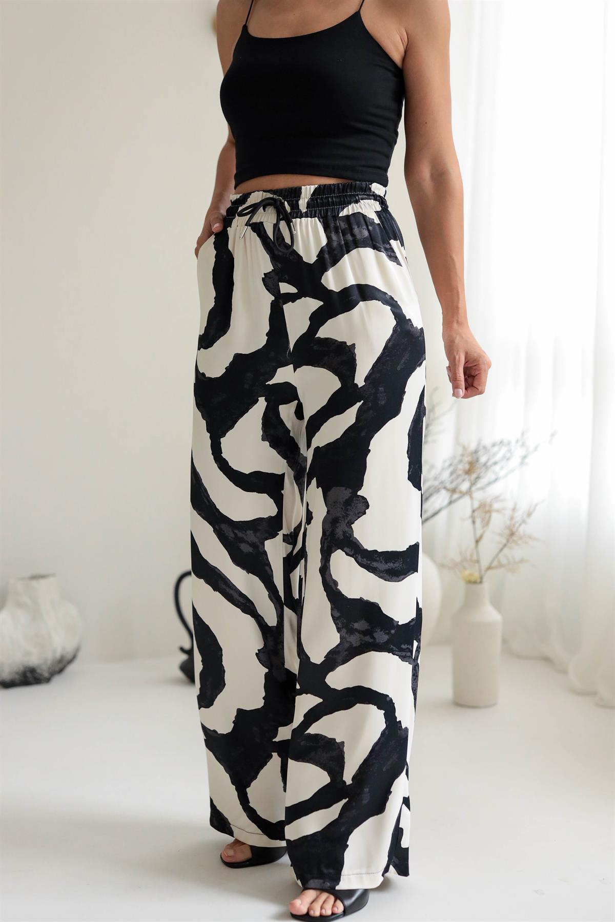 2921 Bel Lastikli Desenli Saten Pantolon