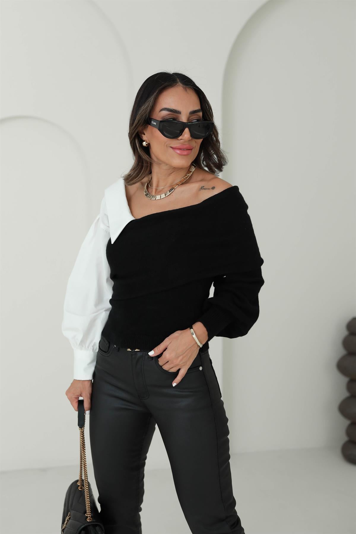 4256 Gömlek Garnili Triko Bluz SİYAH