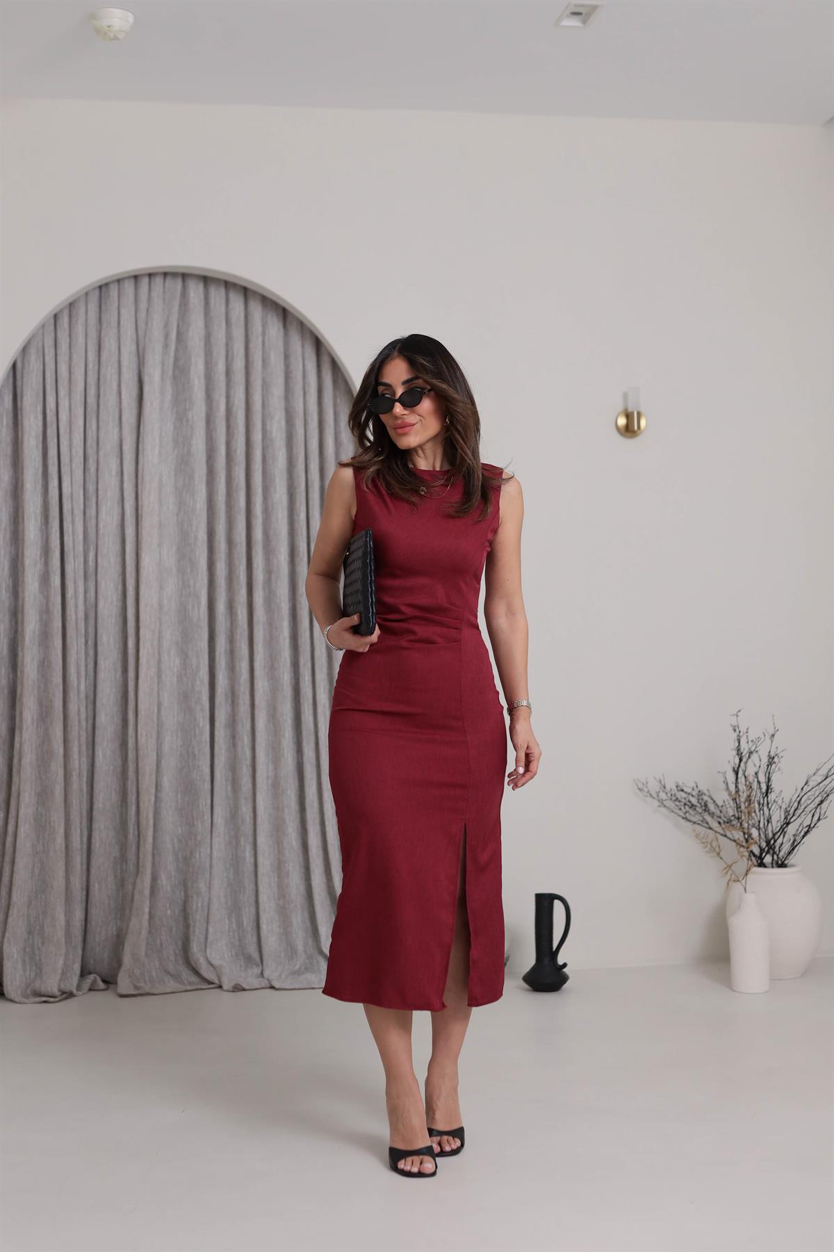 3724 Sıfır Kol Drape Detaylı Yırtmaçlı Elbise BORDO