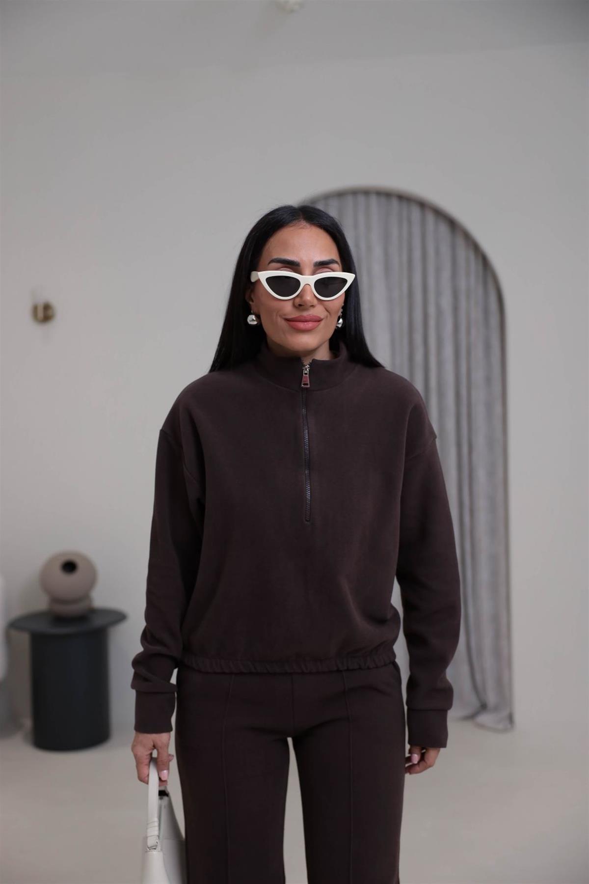 0122 Yarım Fermuarlı Tshirt Garnili Selanik Kumaş Takım KAHVE