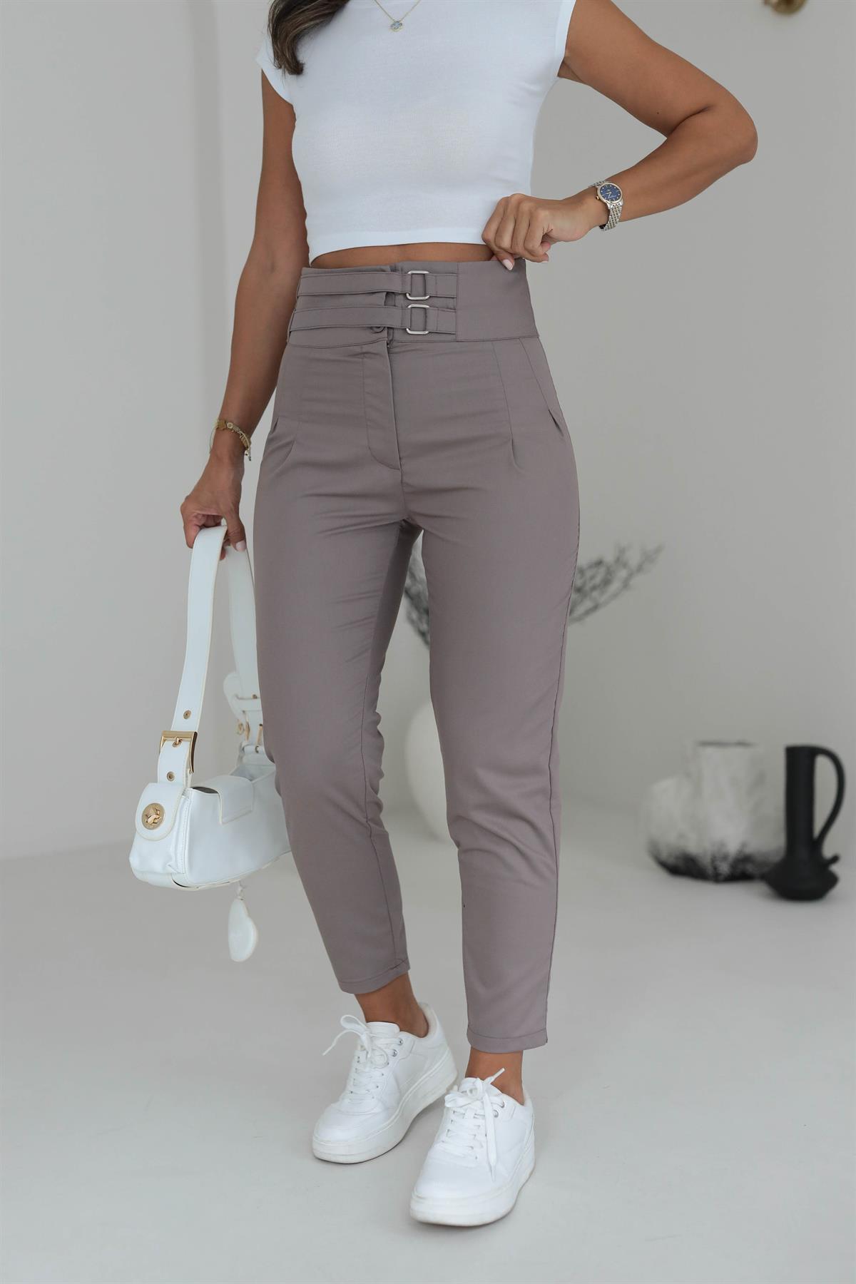 Çift Kemerli Yüksek Bel Pantolon