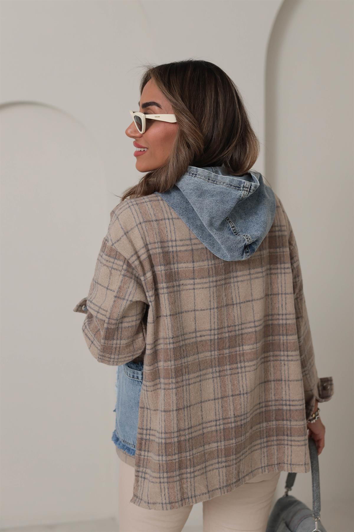 Kot Garnili Kapşonlu Oduncu Kumaş Ceket