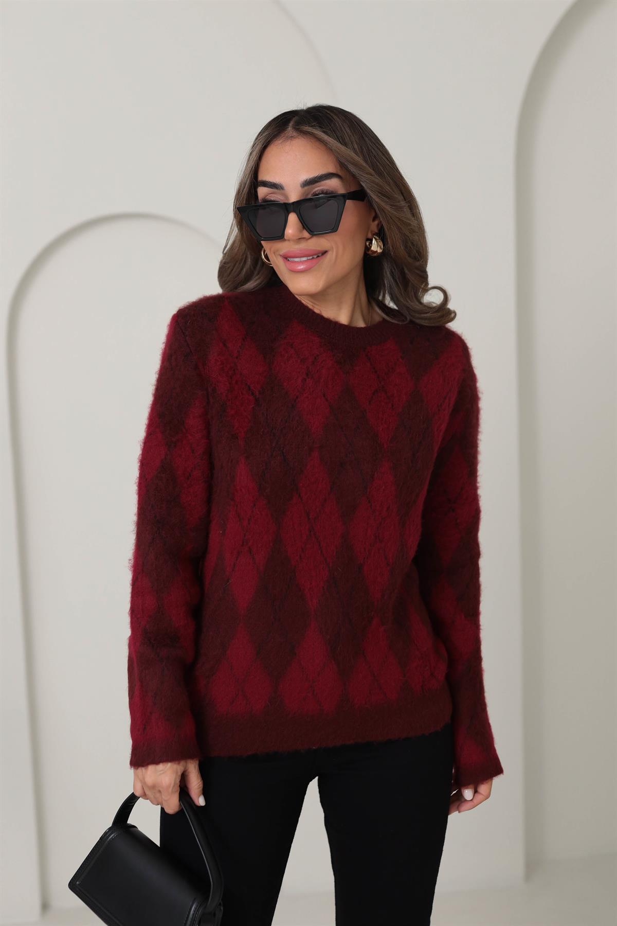 0118 Bisiklet Yaka Baklava Desenli Kazak