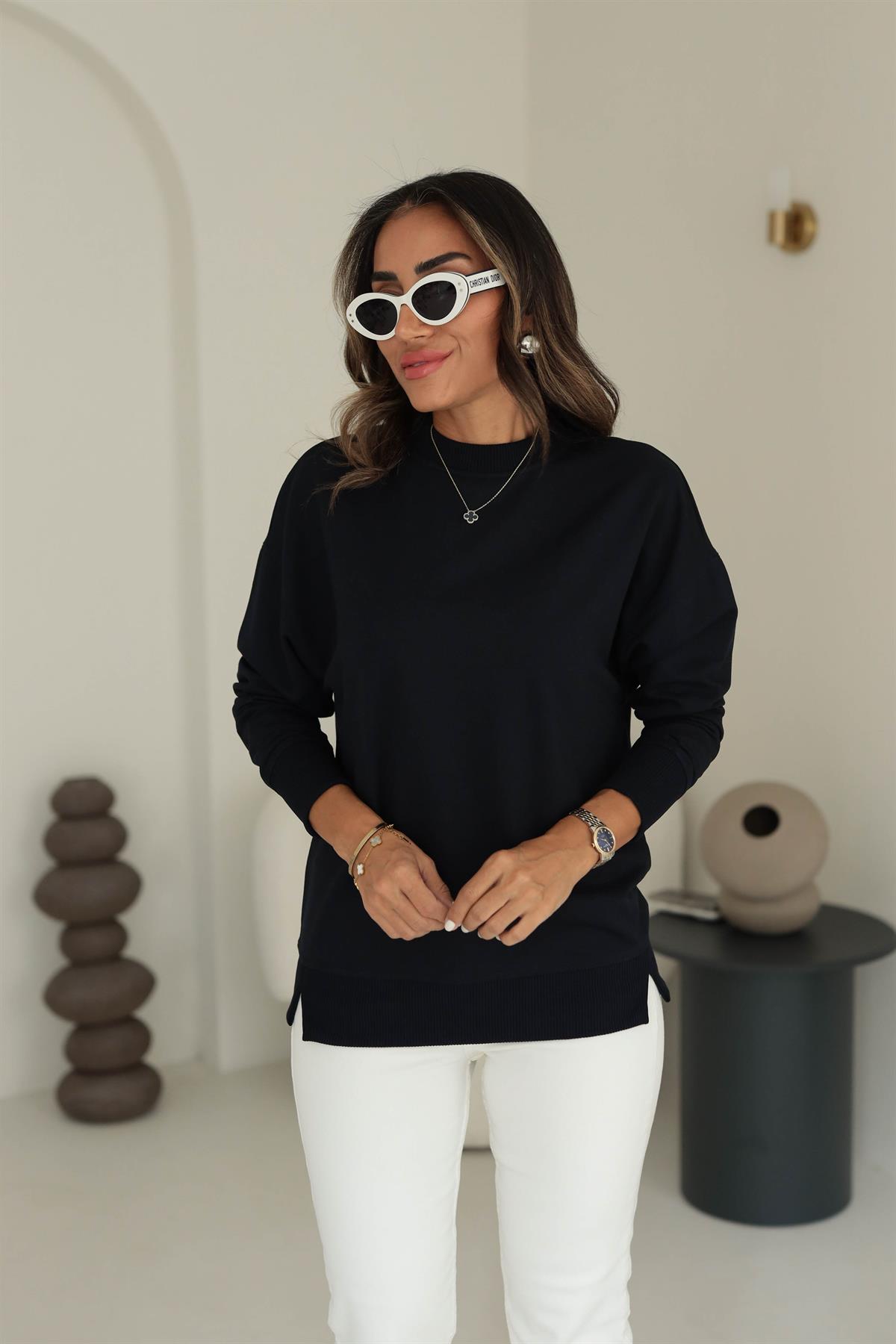 9002 Düz Basic Sweatshirt LACİVERT