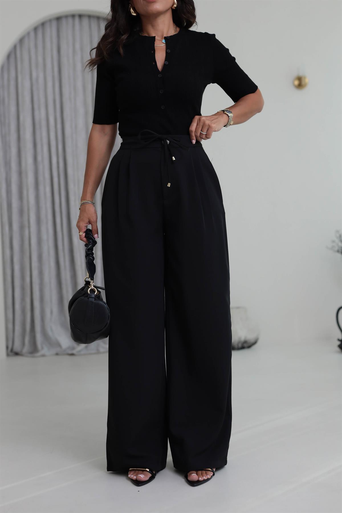 1212 Bağcık Detay Pileli Palazzo Pantolon SİYAH