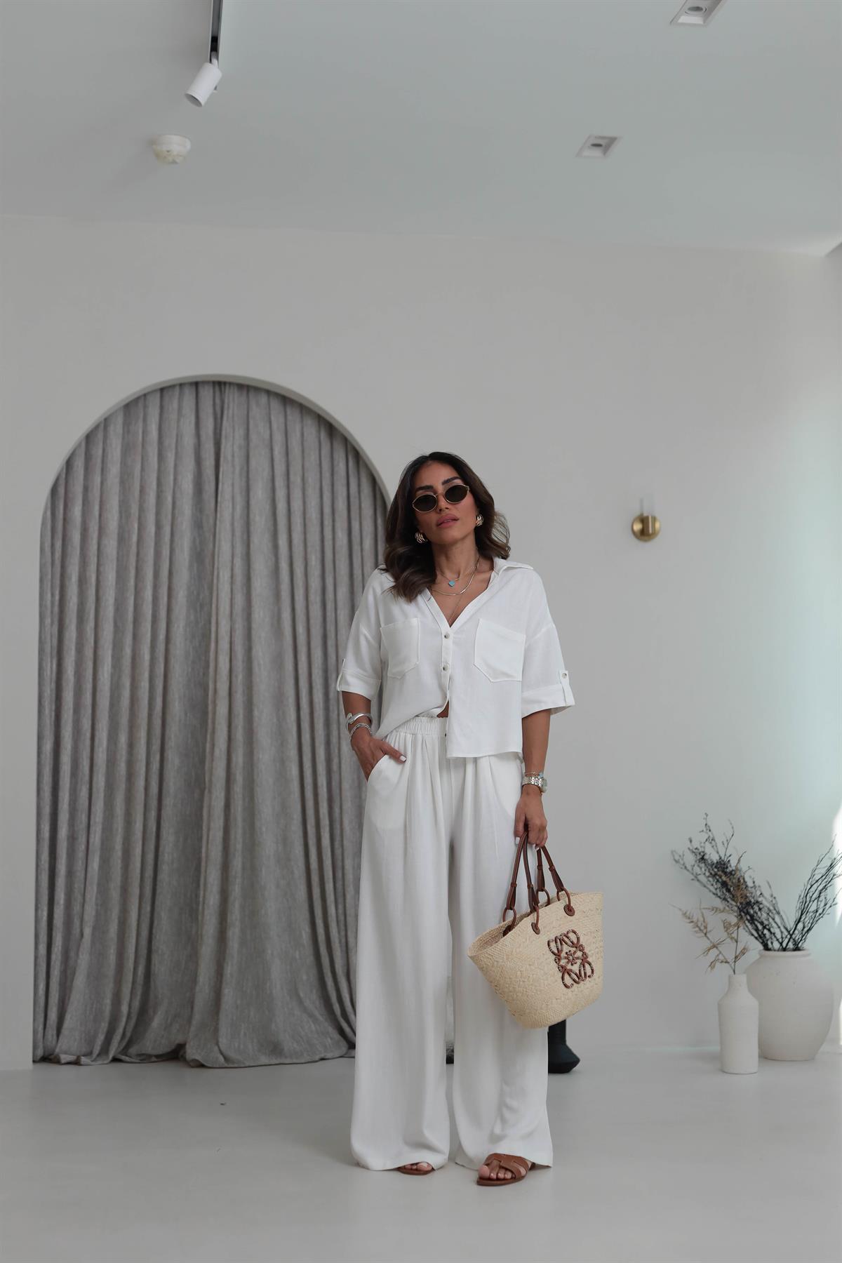 0451 Dökümlü Pamuklu V Yaka Gömlek Pantolon Takım EKRU