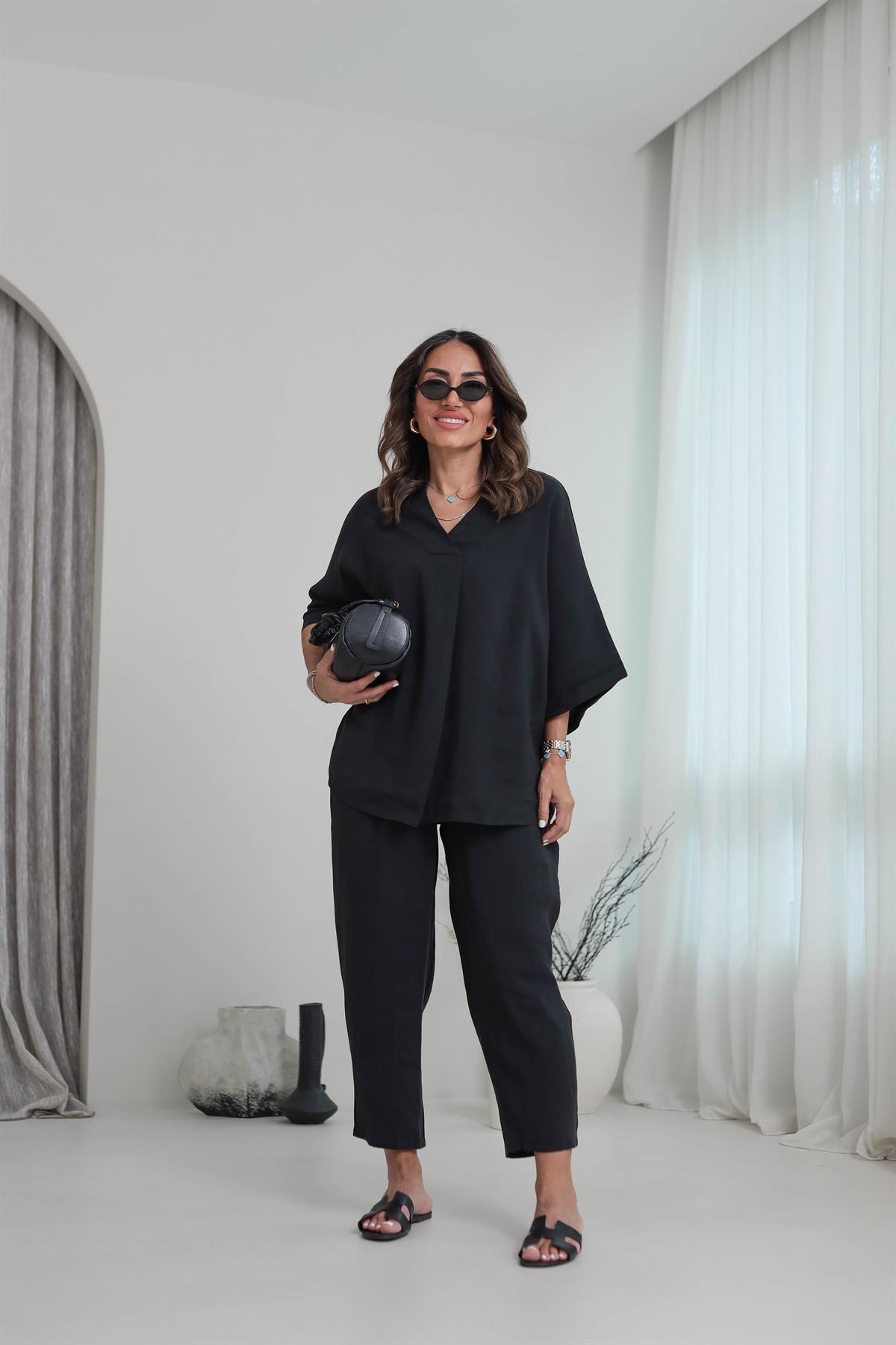 3077 Düşük Kol Tencel Kumaş Takım SİYAH