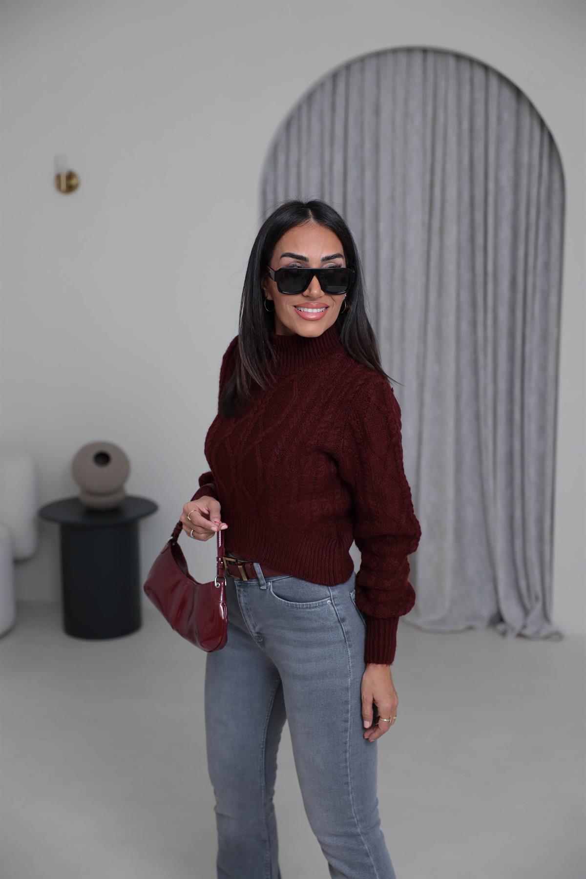 2549 Balıkçı Yaka Örgü Desen Kazak BORDO