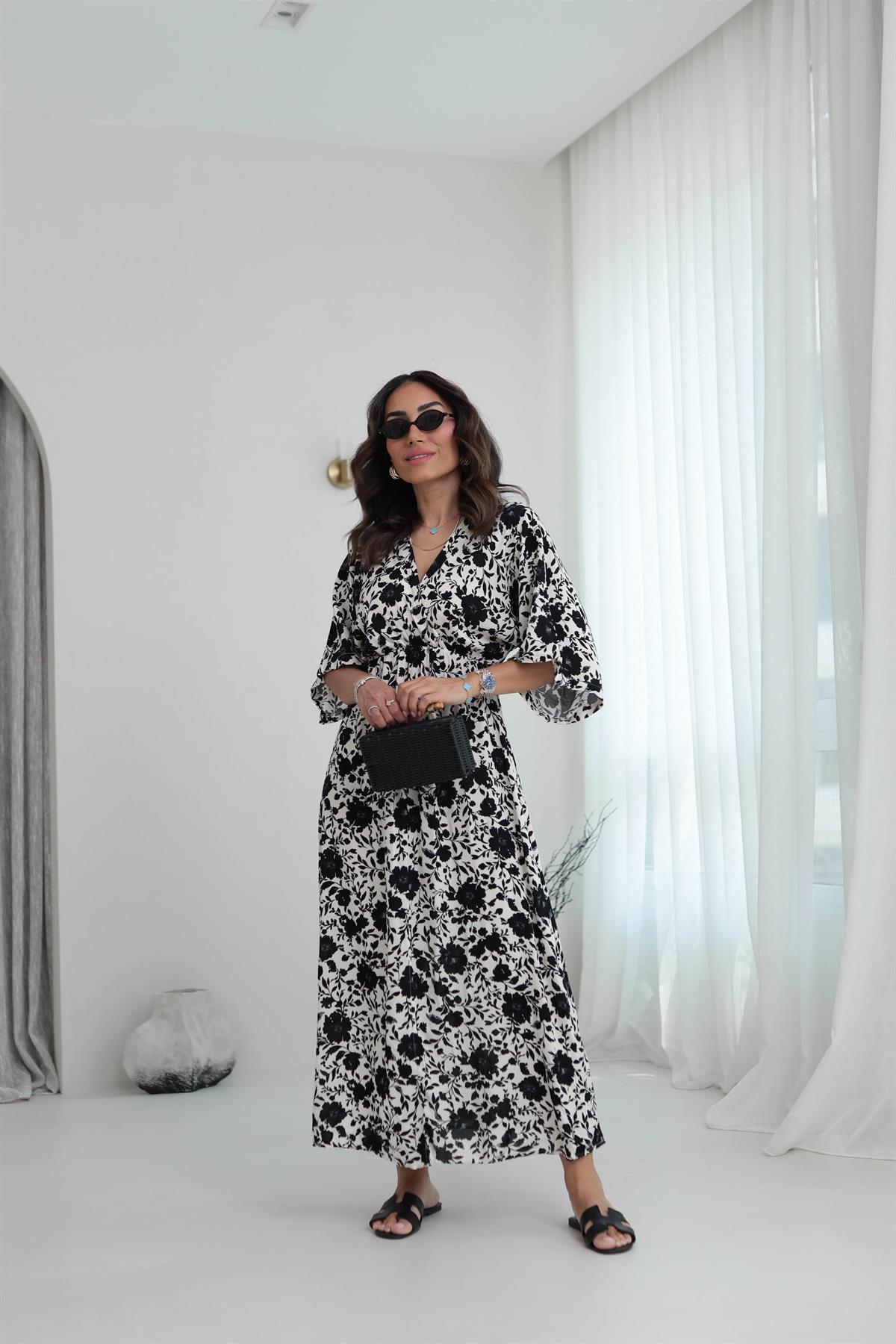 3154Y Kruvaze Yaka Beli Lastikli Desenli Midi Elbise SİYAH-EKRU