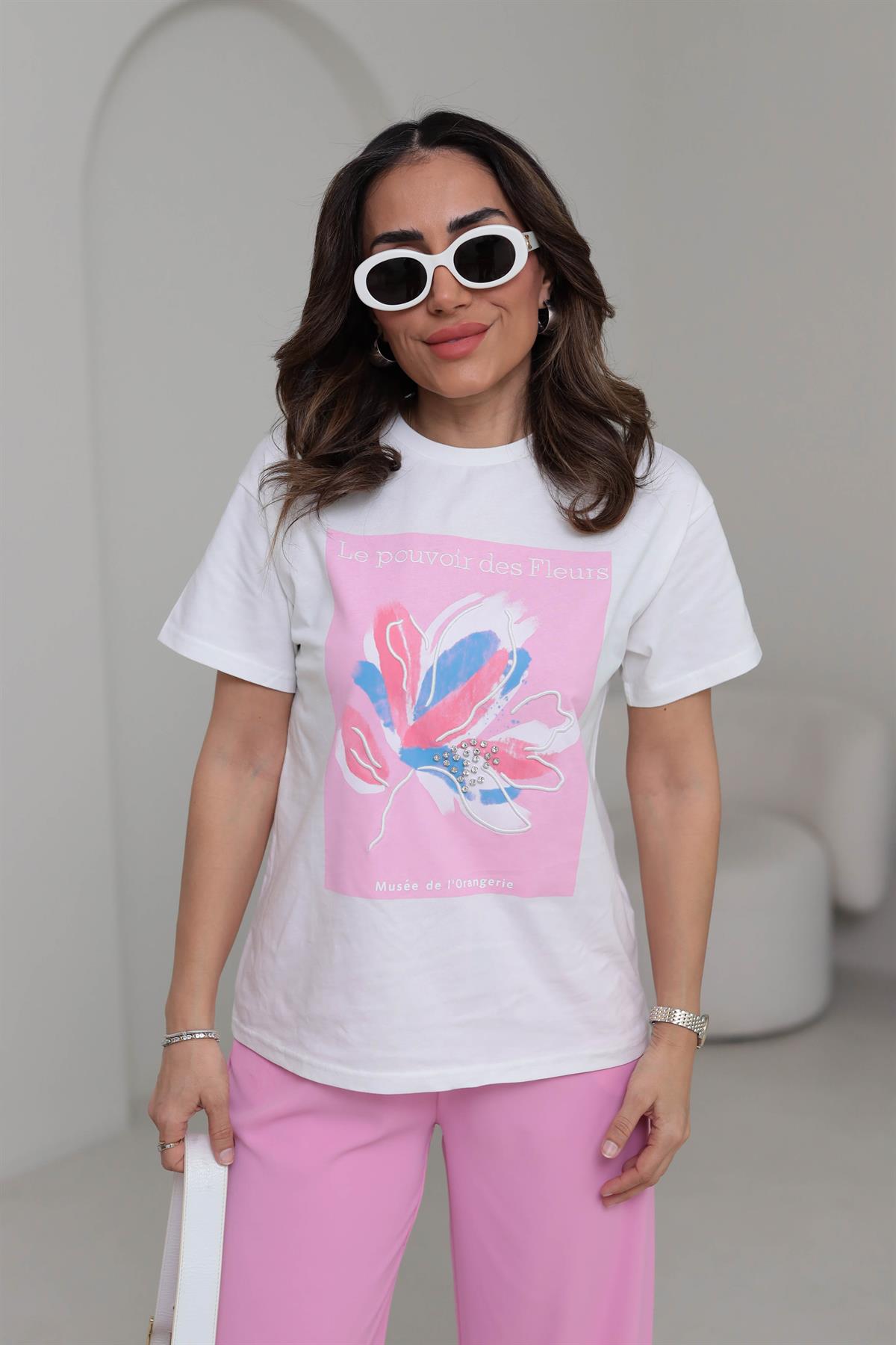 0223 Çiçek ve Taş Detaylı Tshirt PEMBE