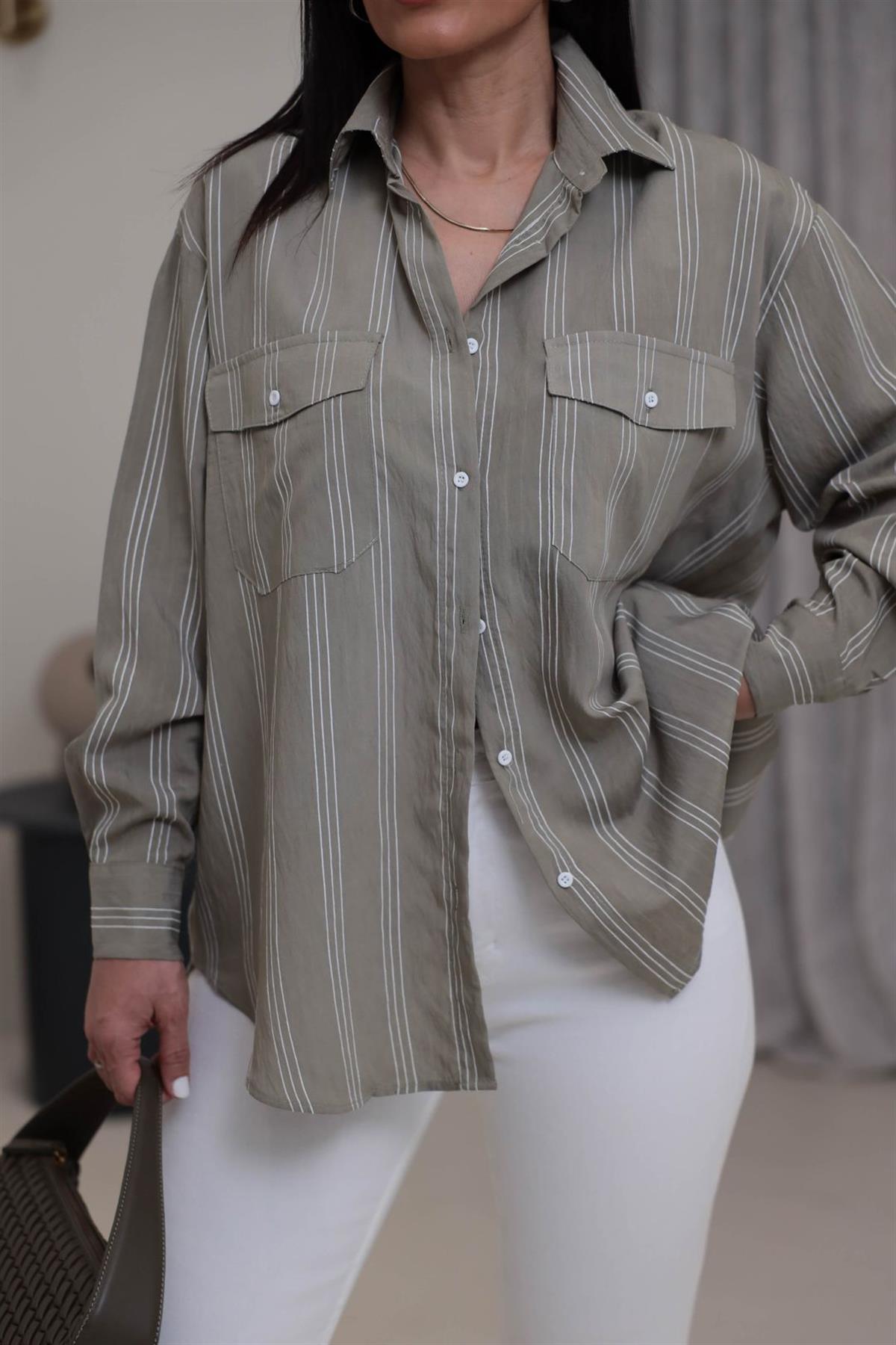 4003 Cepli Çizgili Viskon Gömlek HAKİ YEŞİL