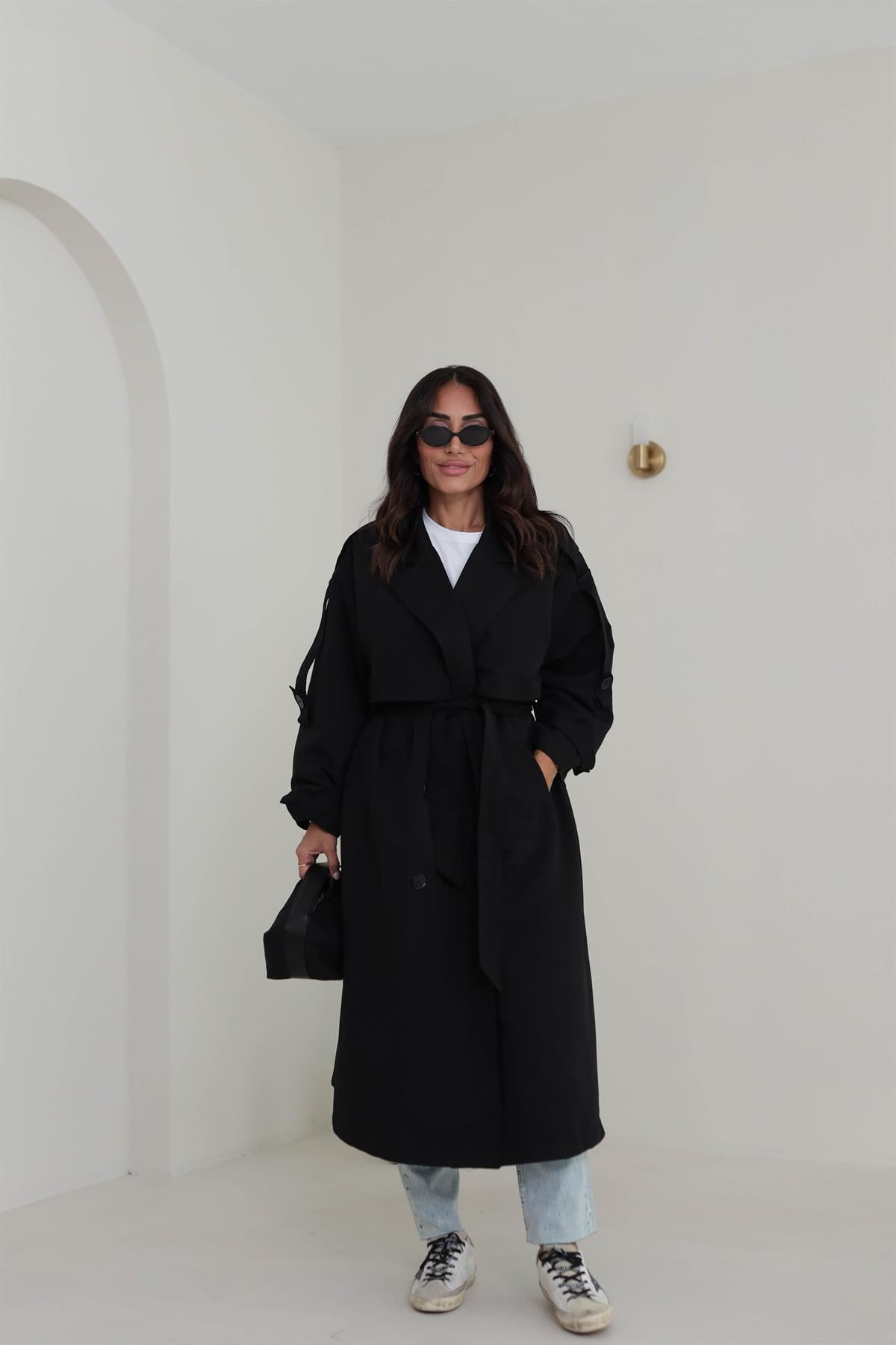 2020 Apoletli Kuşaklı Uzun Trençkot SİYAH