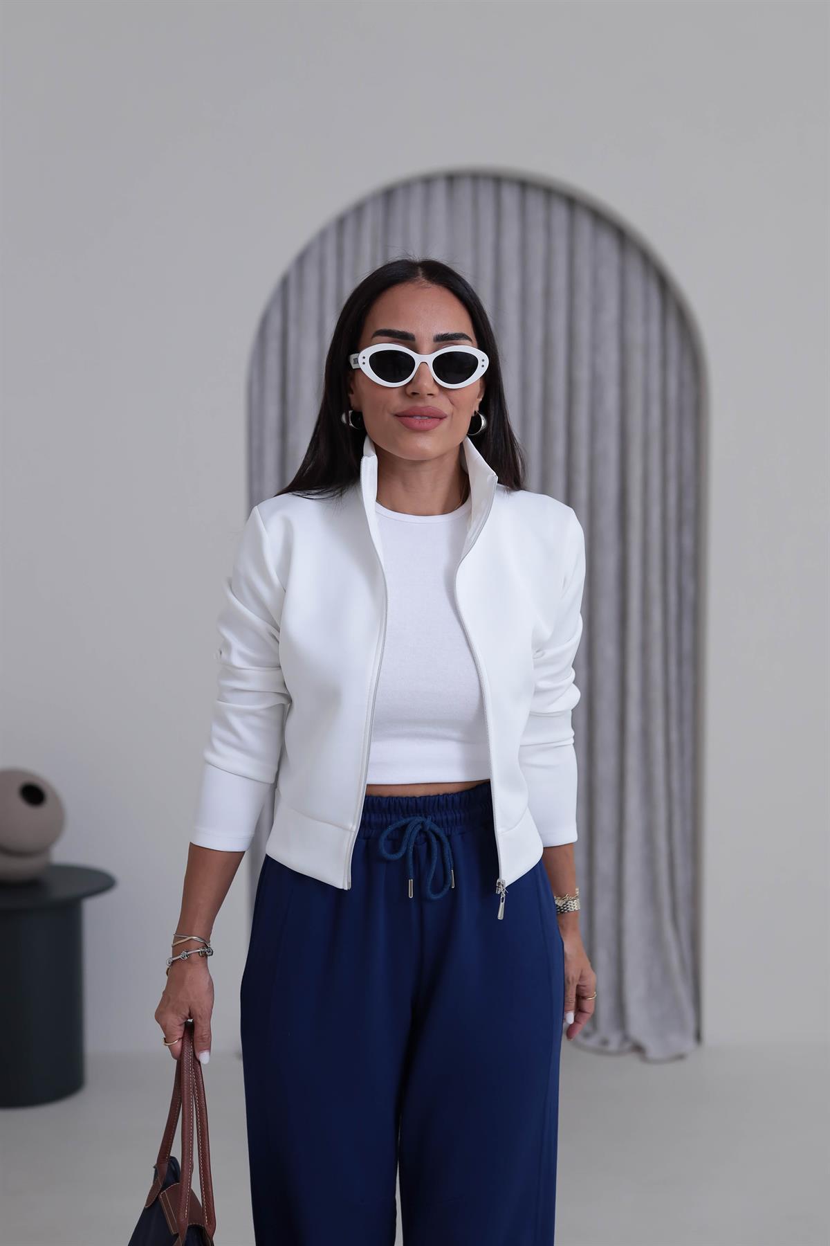 7013K Fermuarlı Scuba Kısa Ceket BEYAZ