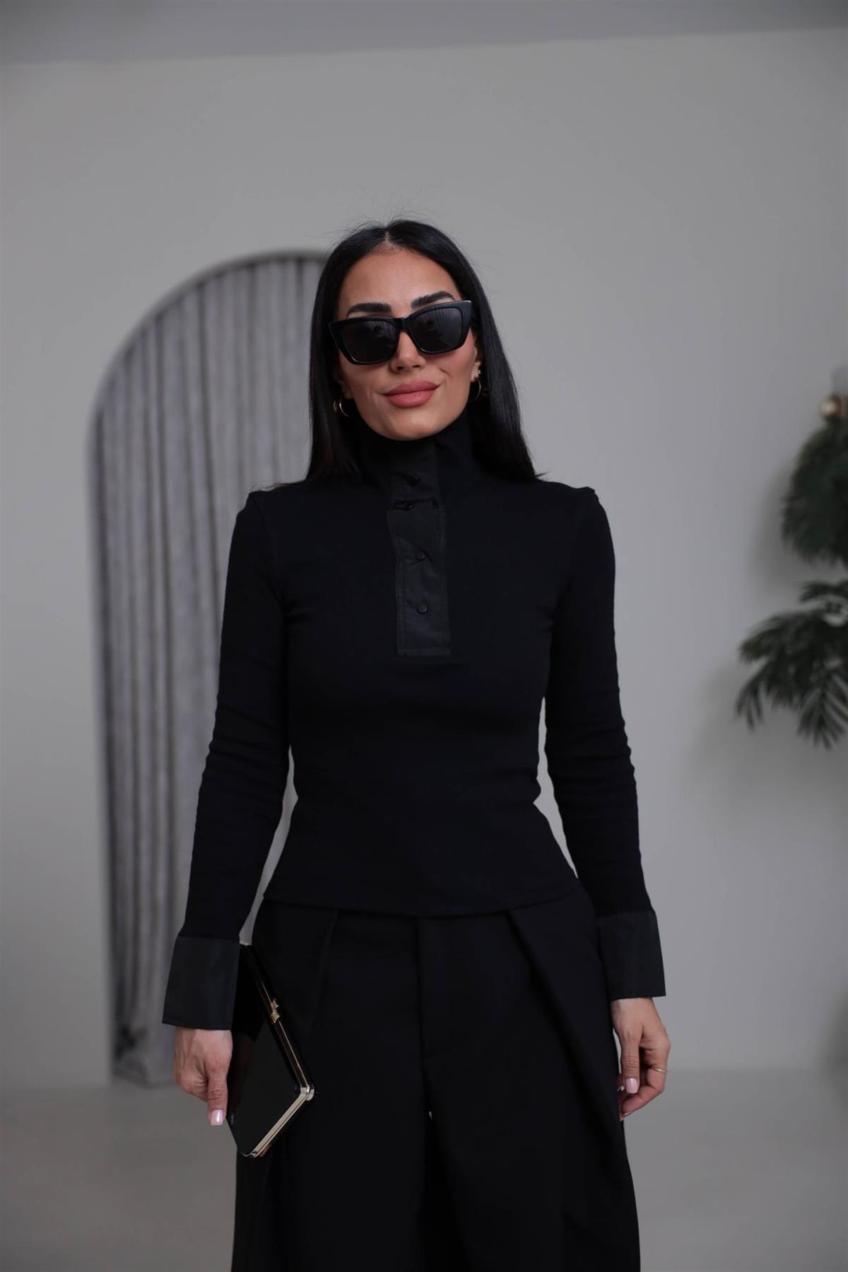 7009 Paraşüt Garnili Çıtçıtlı Triko Bluz SİYAH