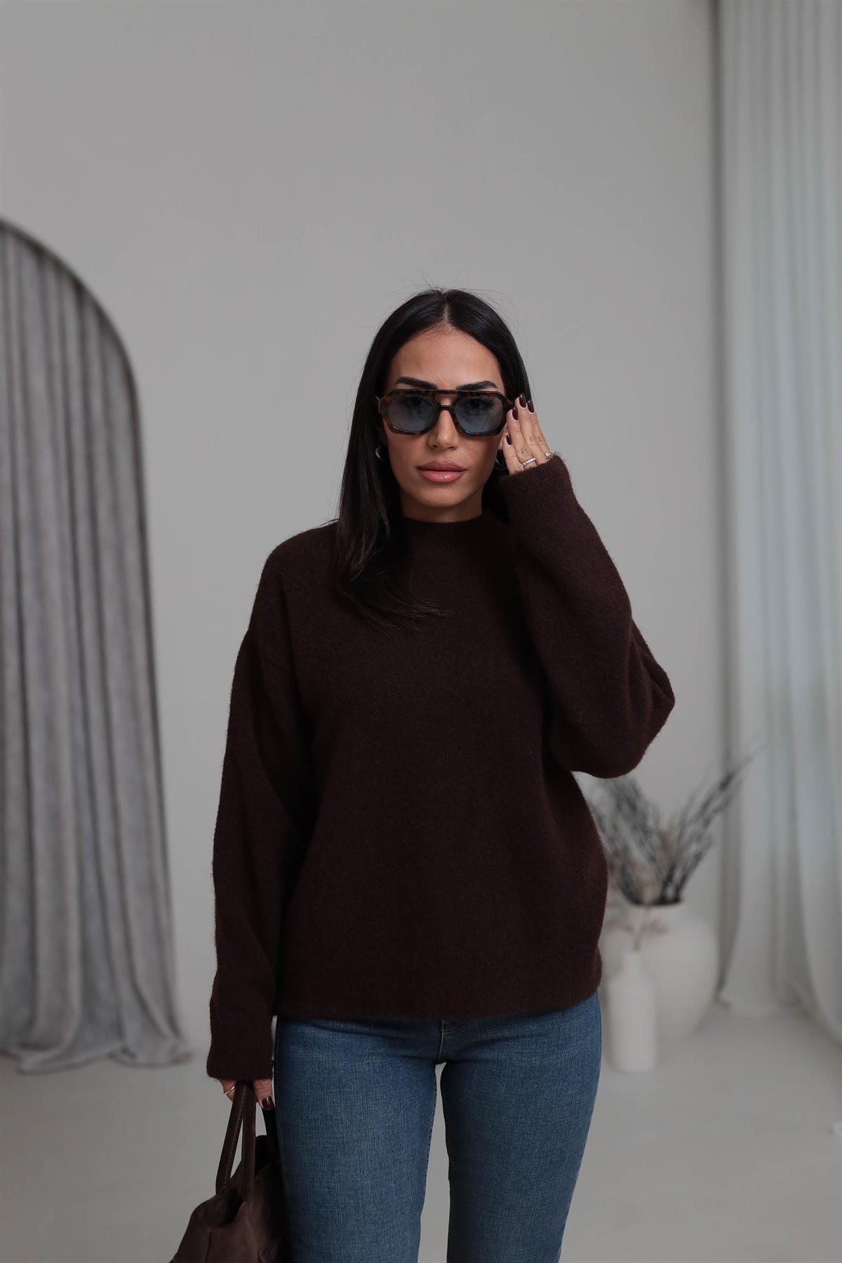 0640 Bisiklet Yaka Yumuşak Dokulu Triko Kazak KAHVE