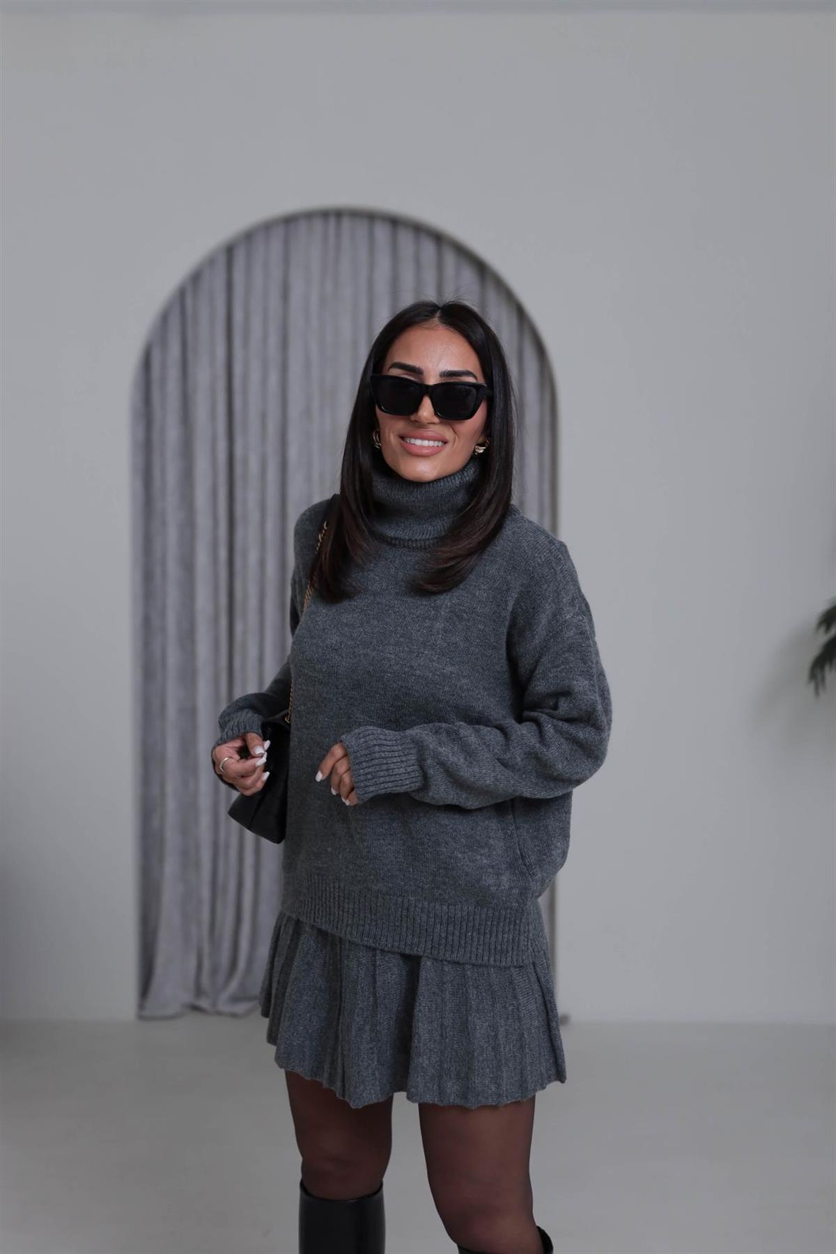 5139K Balıkçı Yaka Etekli Triko Takım KOYU GRİ