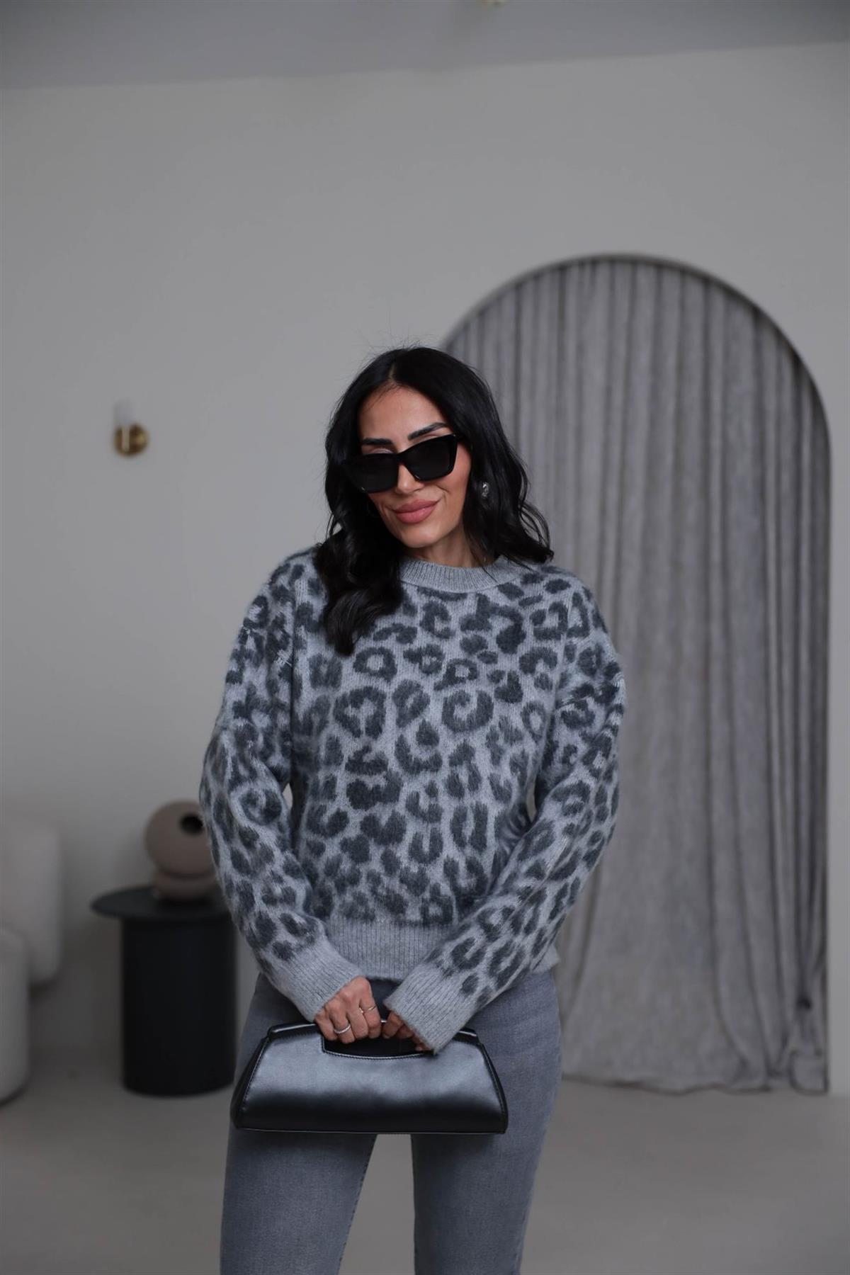 4561 Bisiklet Yaka Leopar Kazak GRİ