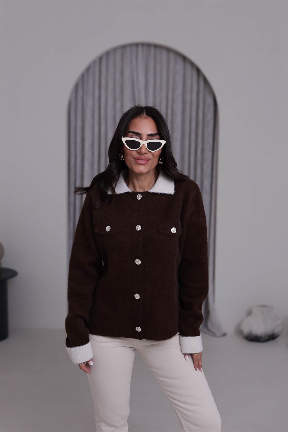5259 Kontrastlı Polo Yaka Angora Ceket Hırka KAHVE