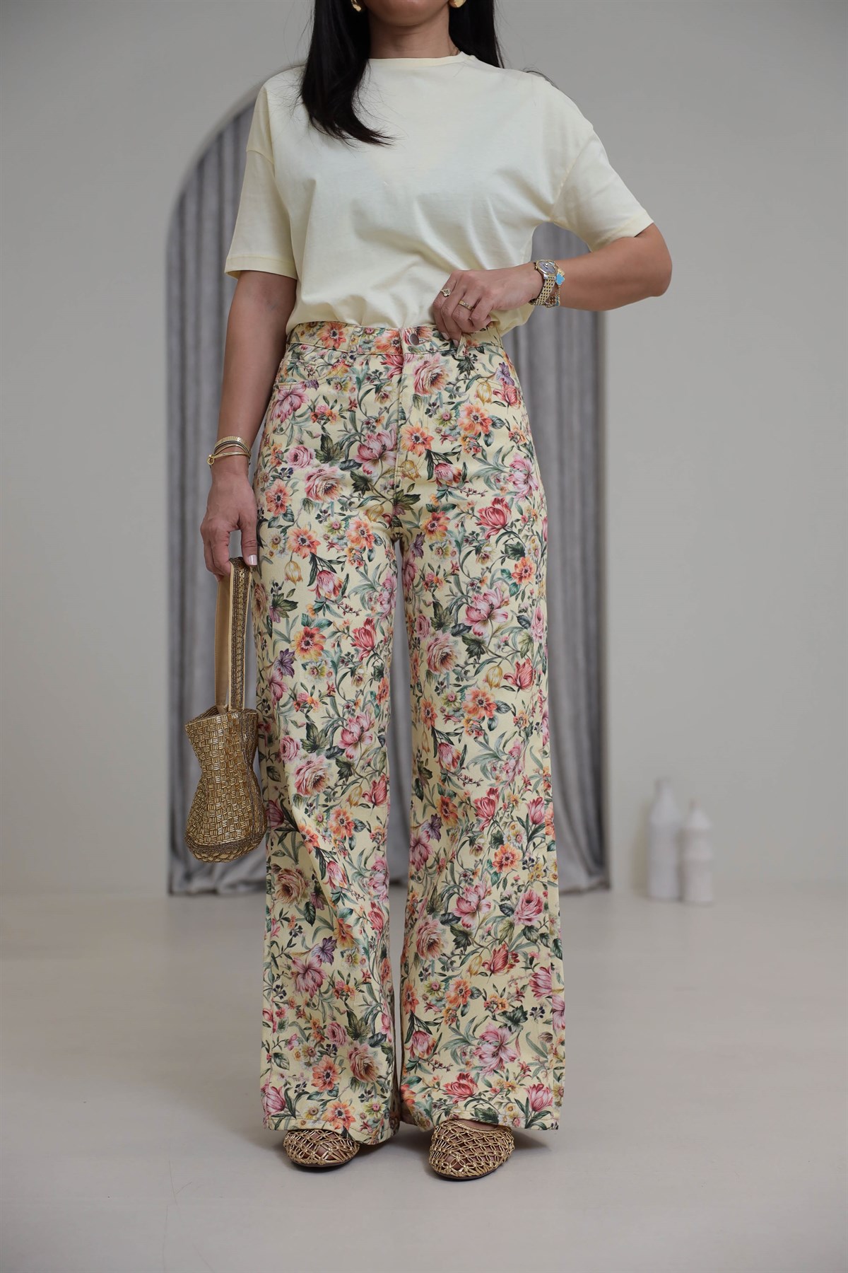 1033 Çiçek Desenli Yüksek Bel Kot Pantolon SARI