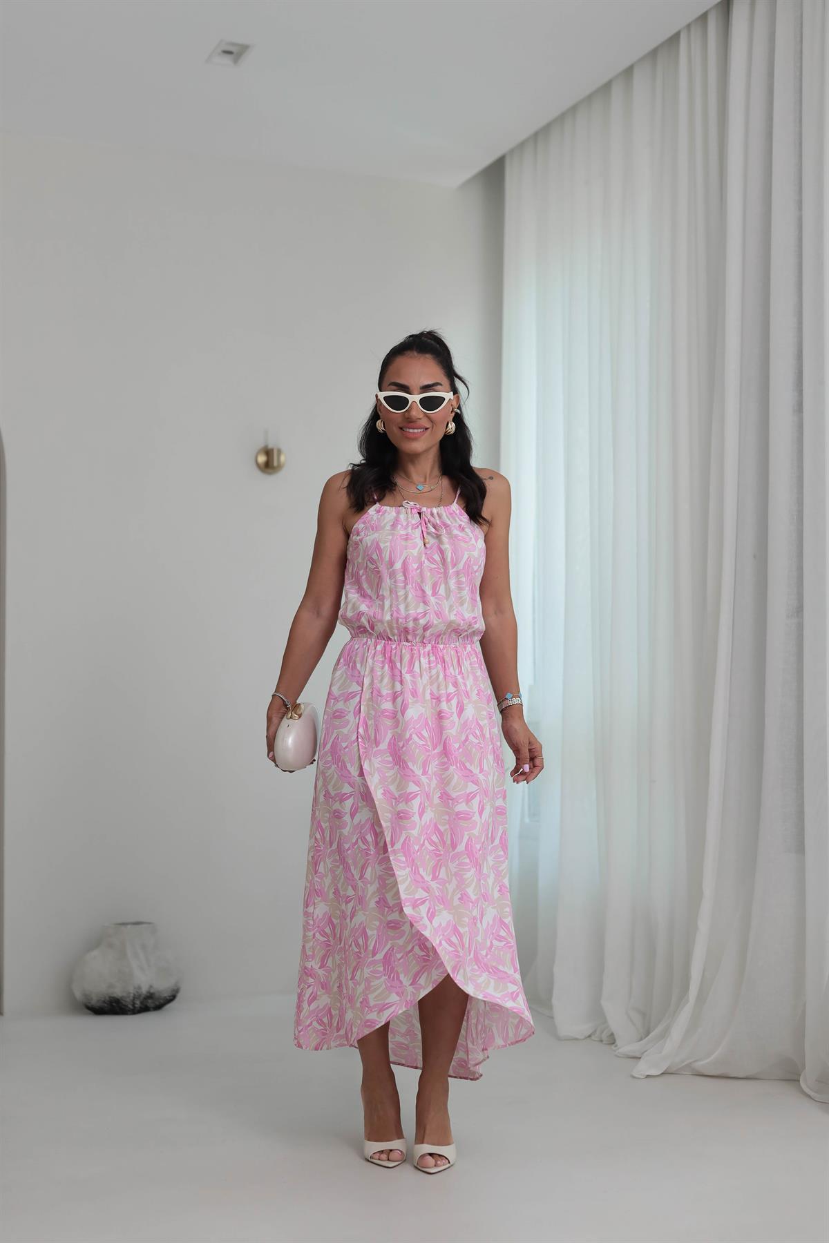 7298 Boncuk Detay Bağlamalı Bel Lastikli Elbise PEMBE