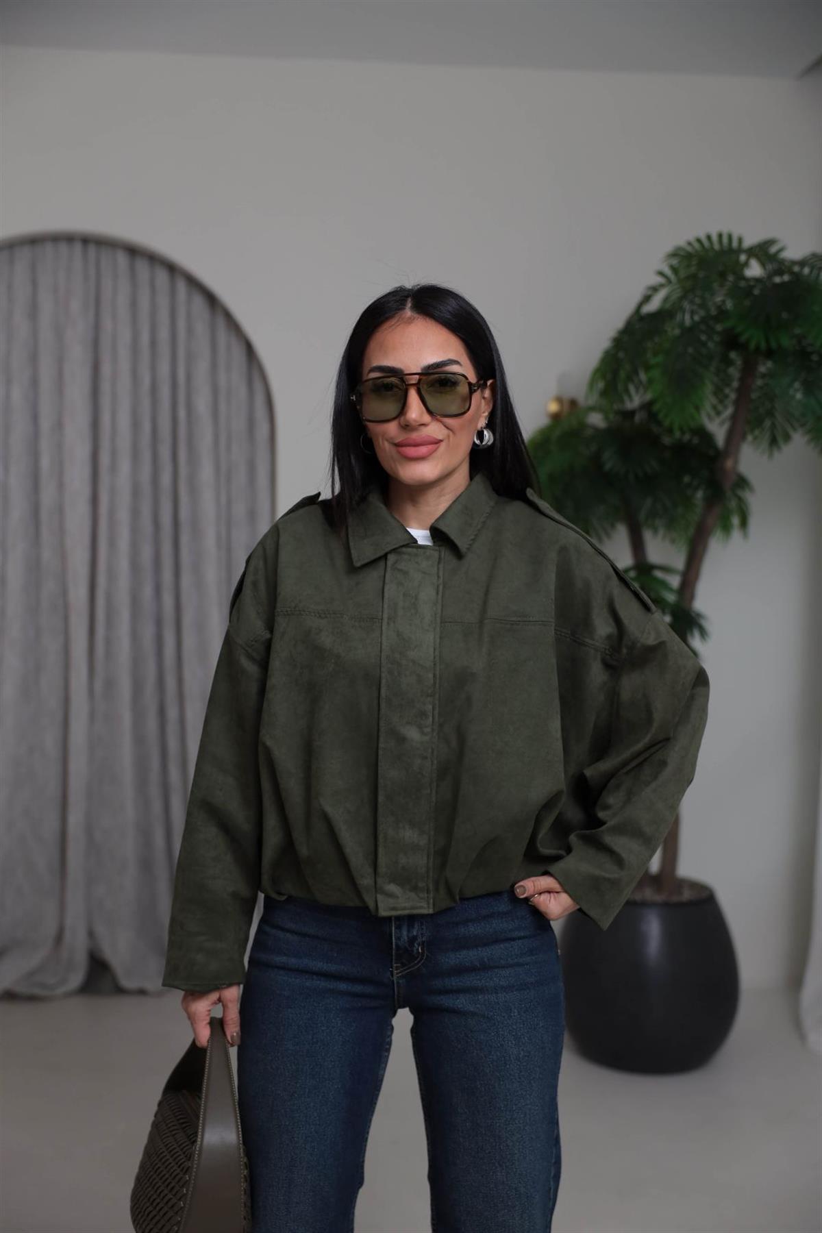 0493 Gömlek Yaka Apoletli Süet Bomber HAKİ YEŞİL
