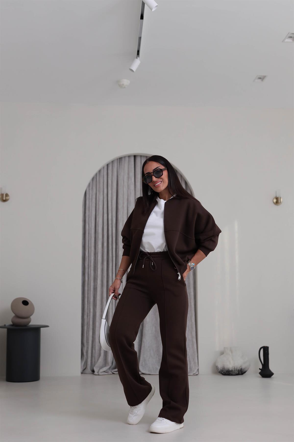 7085 Viral Bomber Ceketli 3 İplik Şardonlu Takım ACI KAHVE