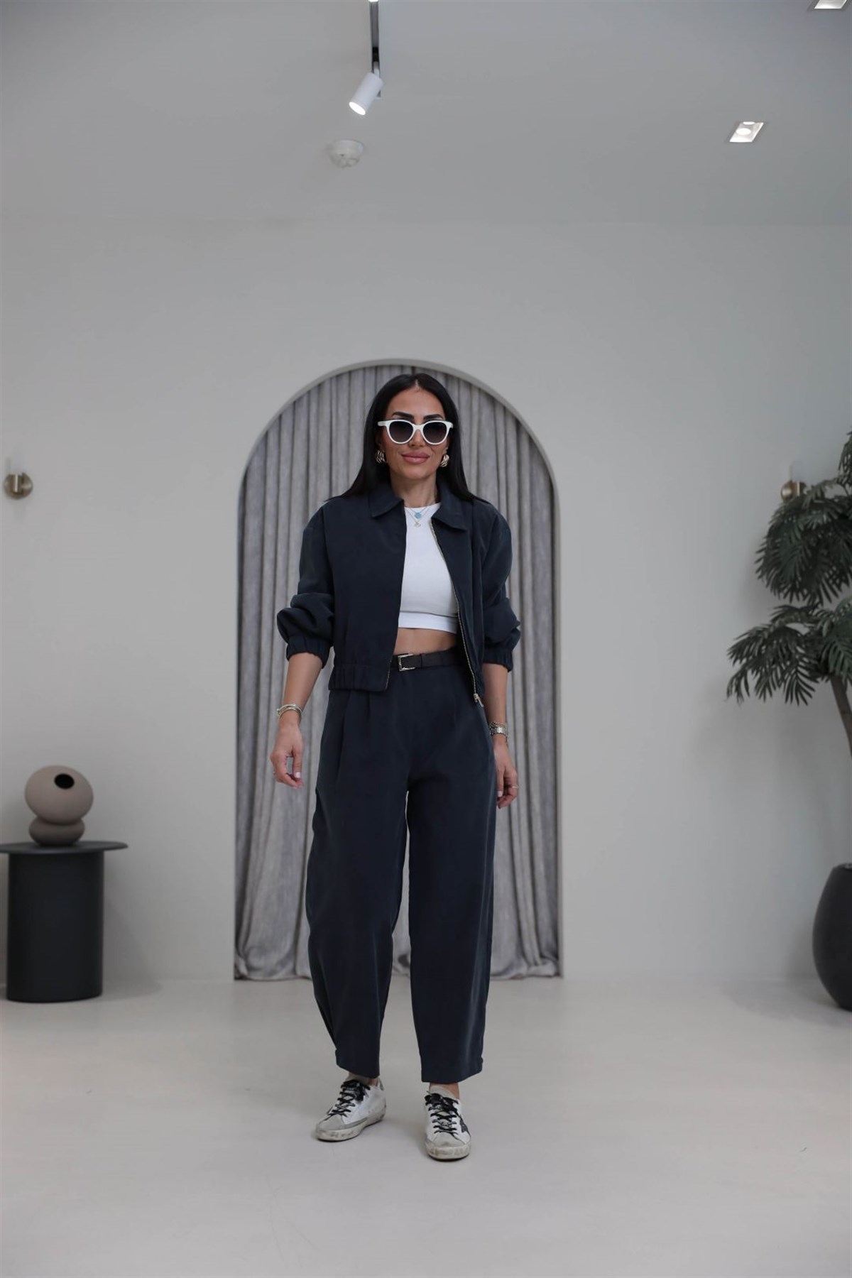 0735 Polo Yaka Bomber Ceketli Tencel Takım ANTRASİT