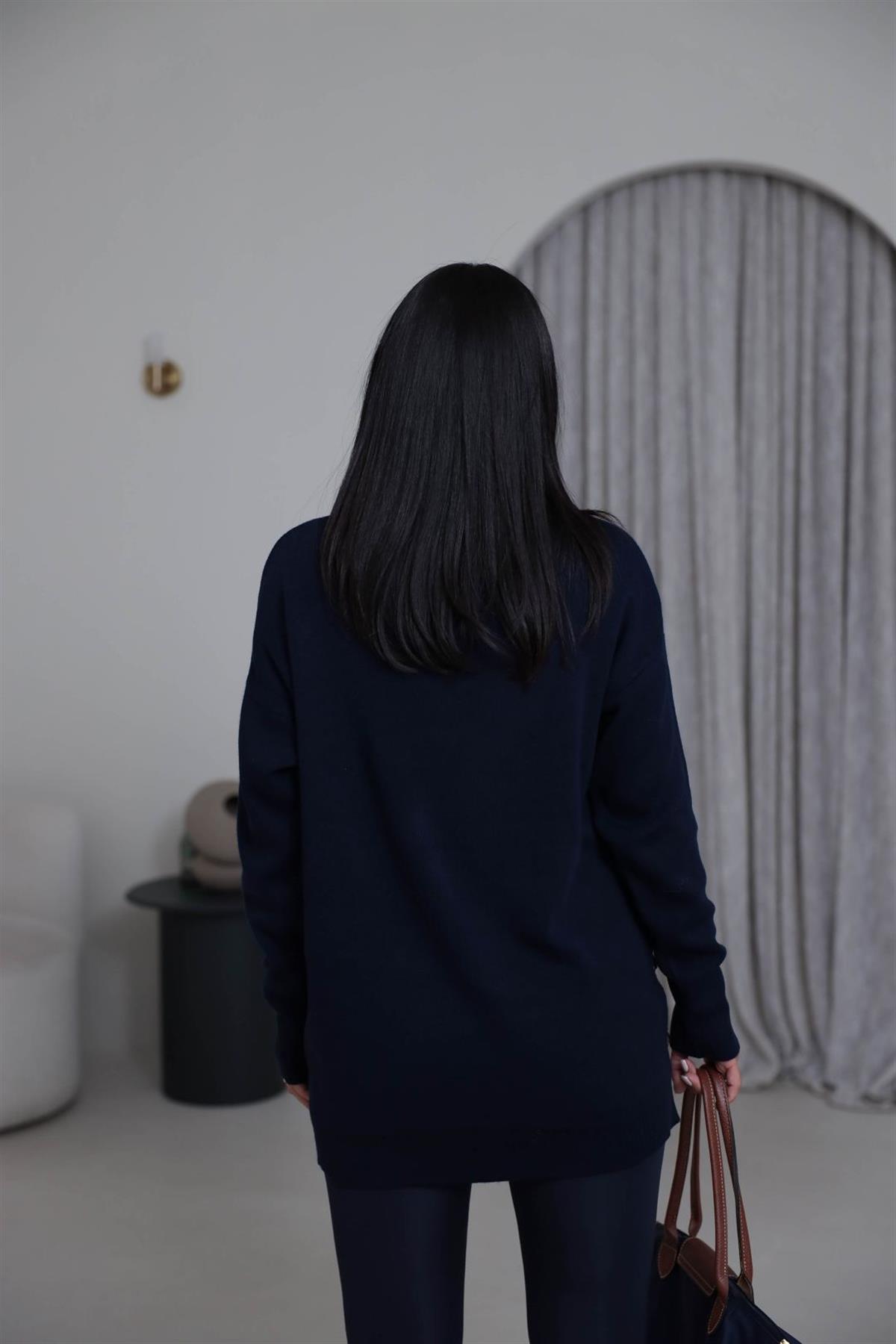 0184K Yanları Gold Düğmeli Uzun Triko Kazak LACİVERT