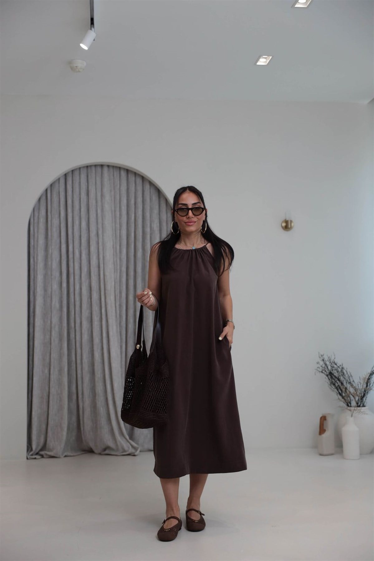 1106C İpli Halter Yaka Cepli Tencel Elbise KAHVE