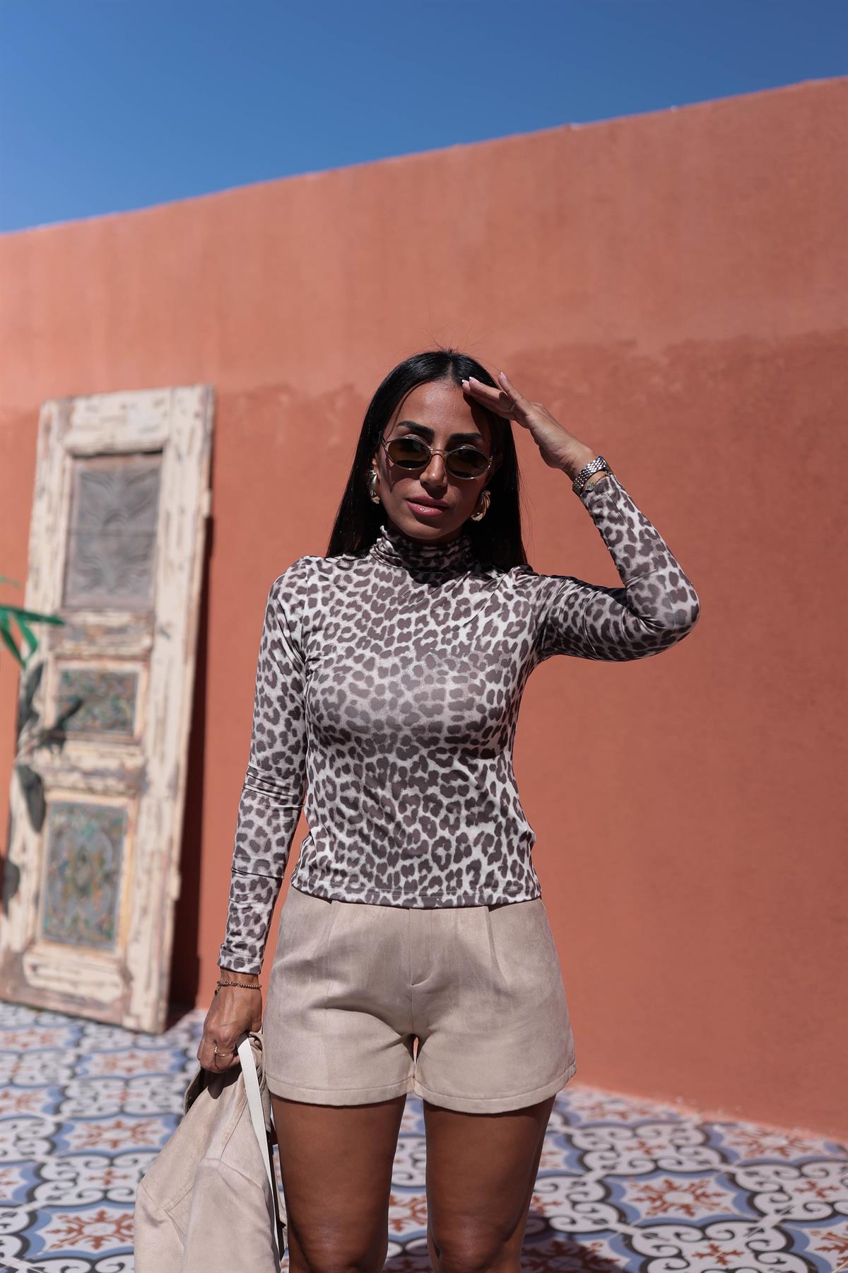 0850 Balıkçı Yaka Leopar Desen Body LEOPAR