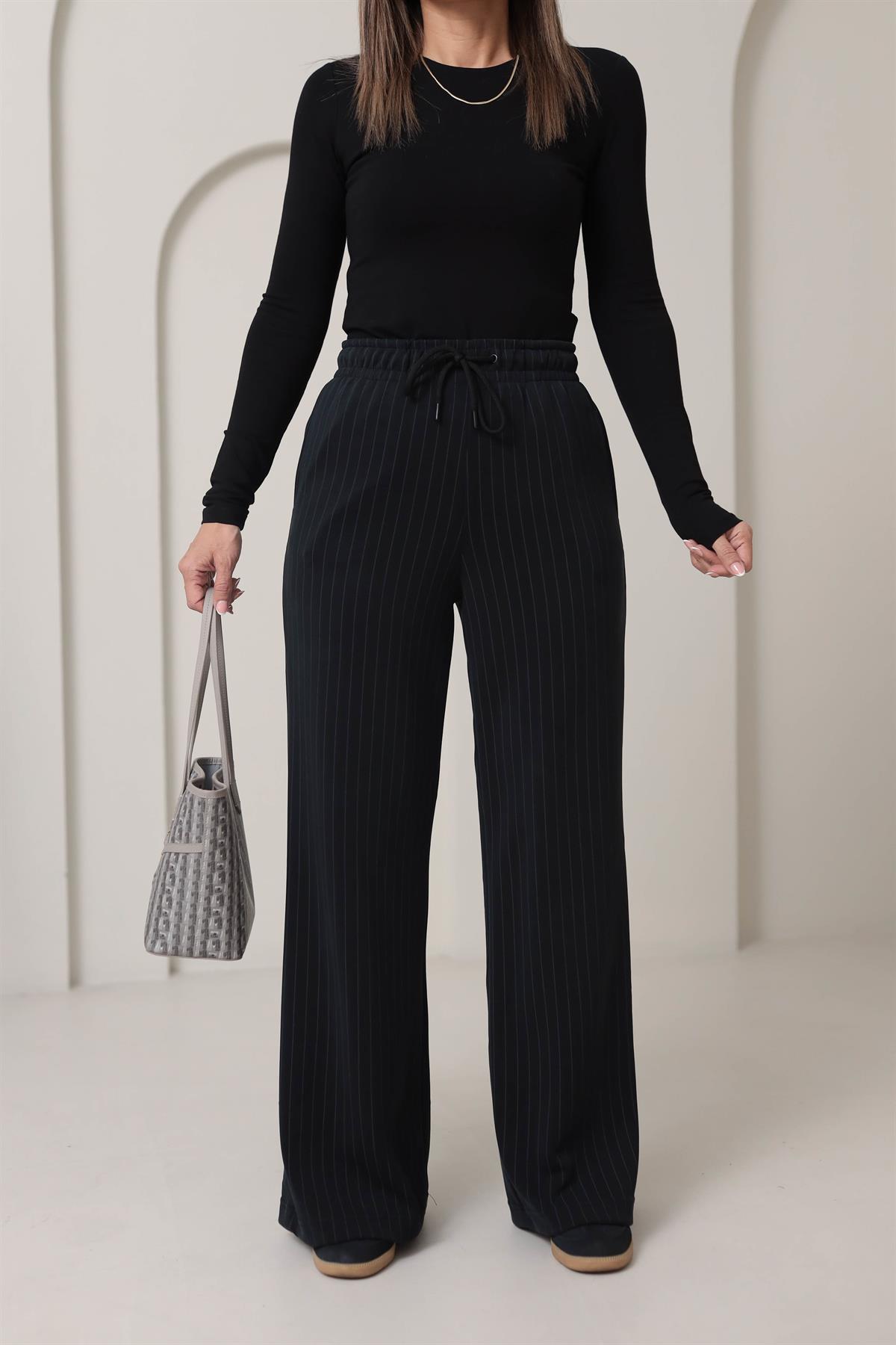 1146 Çizgili Modal Palazzo Pantolon SİYAH